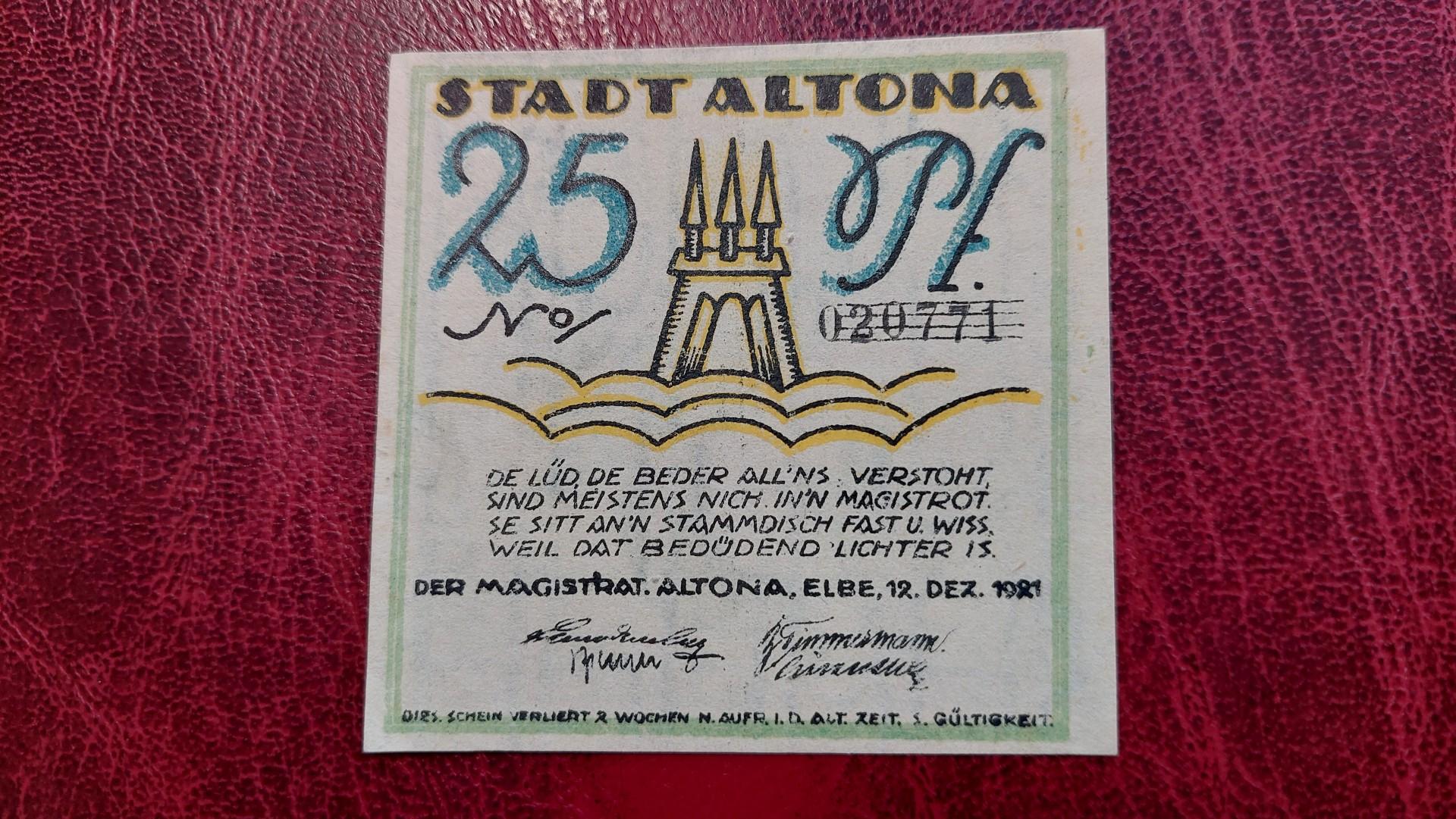 25 Pfennig 1921.12.12 Altona Notgeld Vokietija