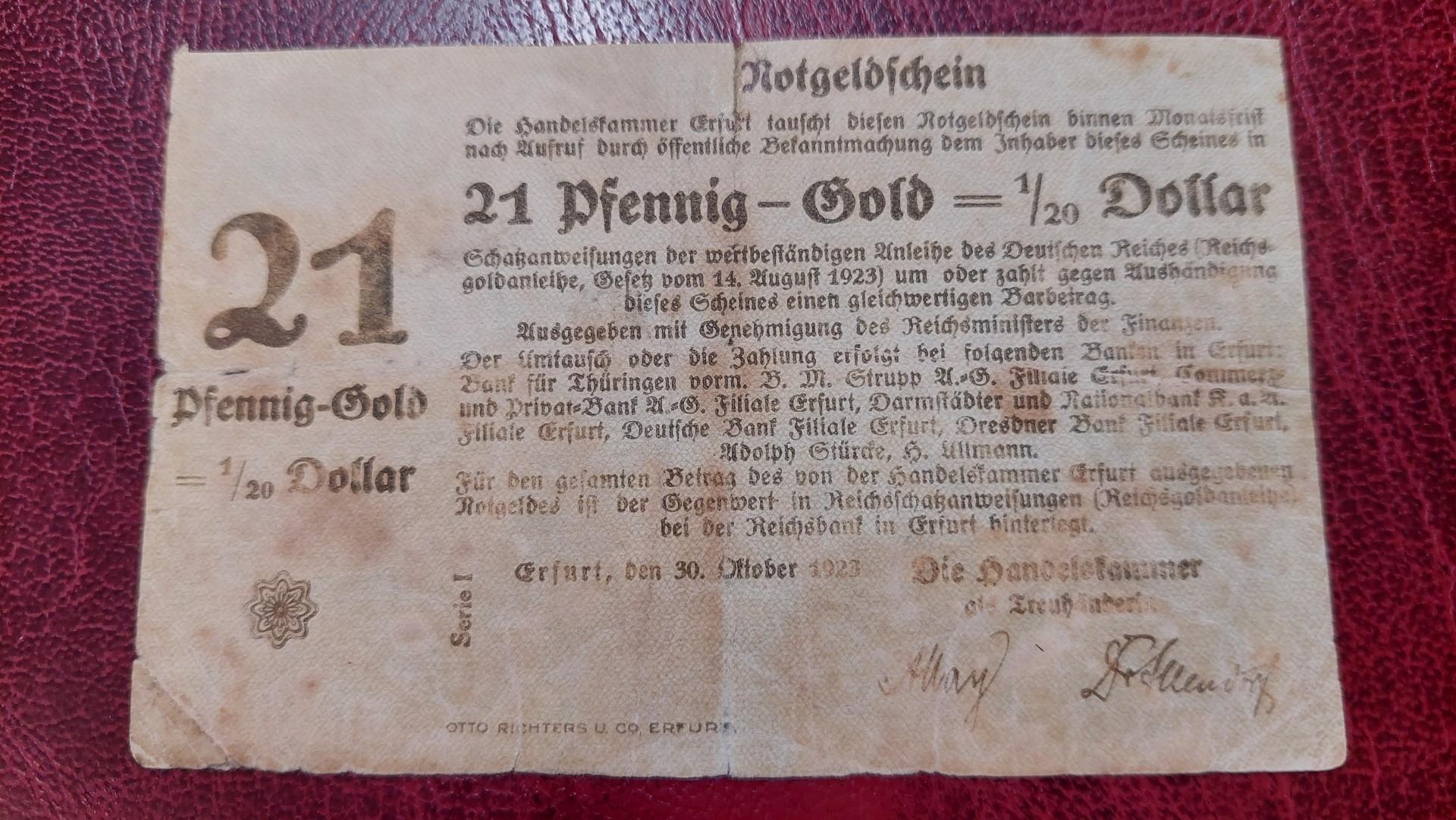 21 Pfennig-Gold = 1/20 Dollar 1923 Erfurt Notgeld