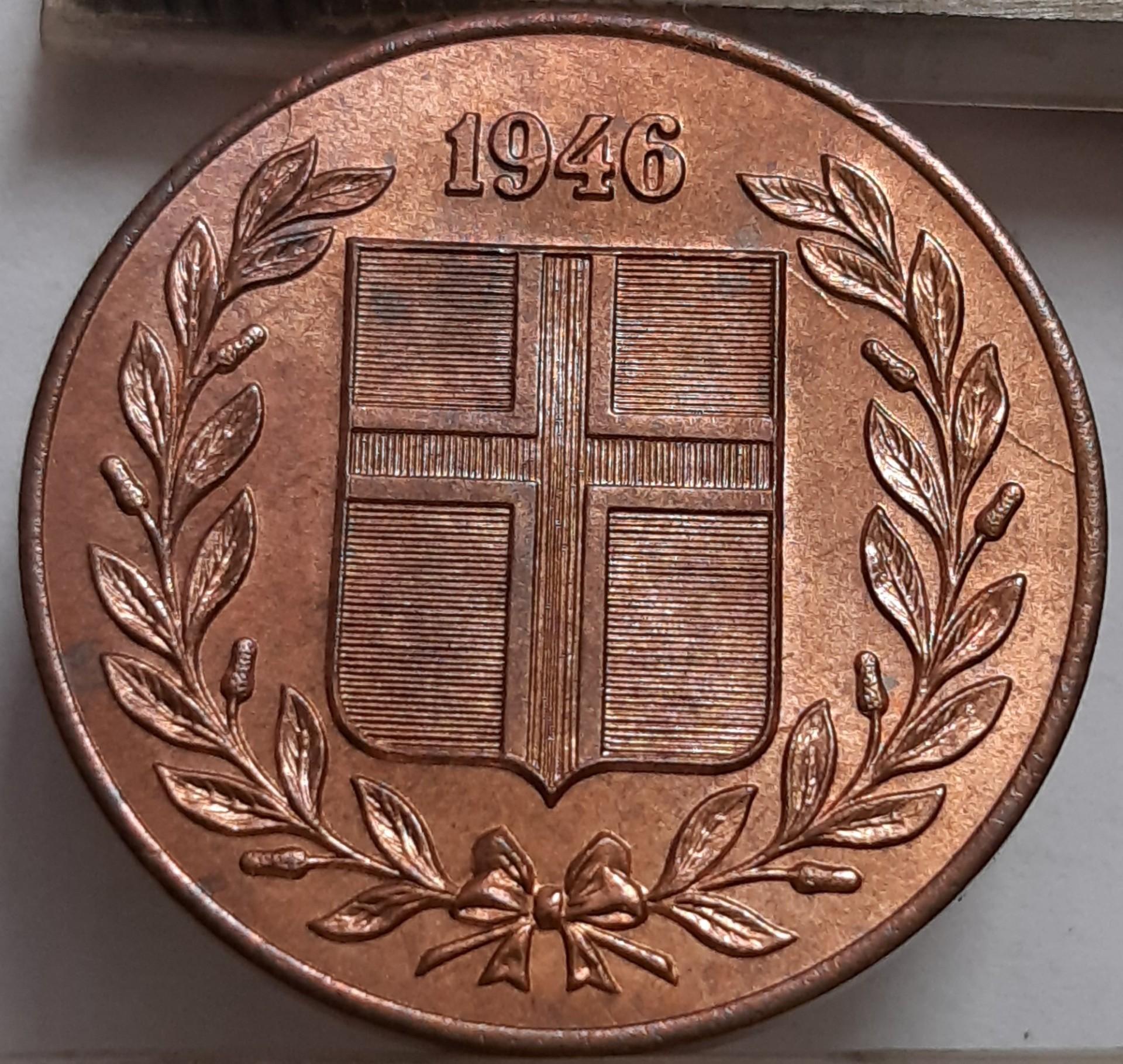 Islandija 5 Eirės 1946 aUNC KM#9 Bronza (3207)