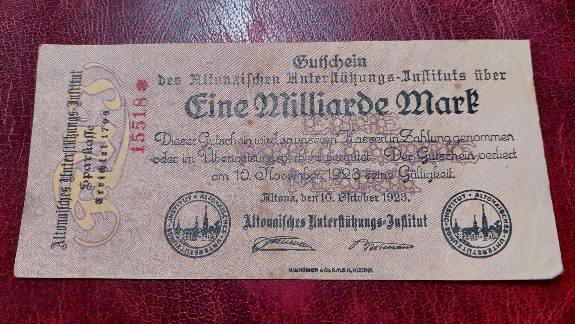 1 Milliarde Mark 1923 Altona Notgeld Vokietija