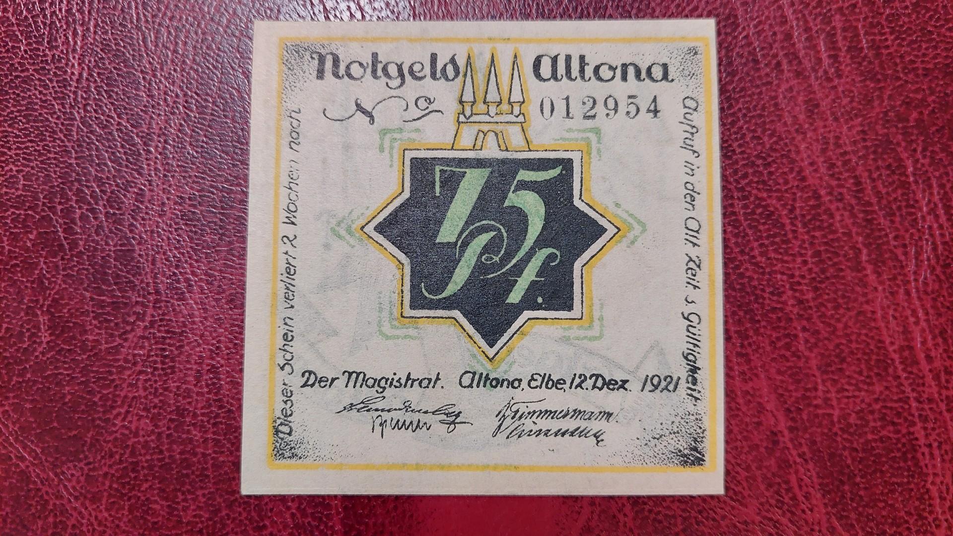 75 Pfennig 1921.12.12 Altona Notgeld Vokietija