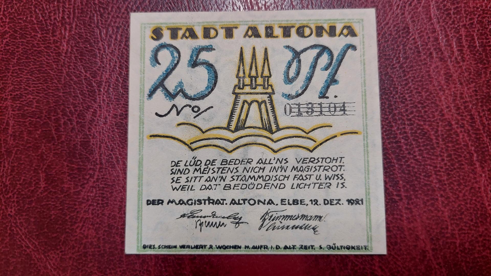 25 Pfennig 1921.12.12 Altona Notgeld Vokietija