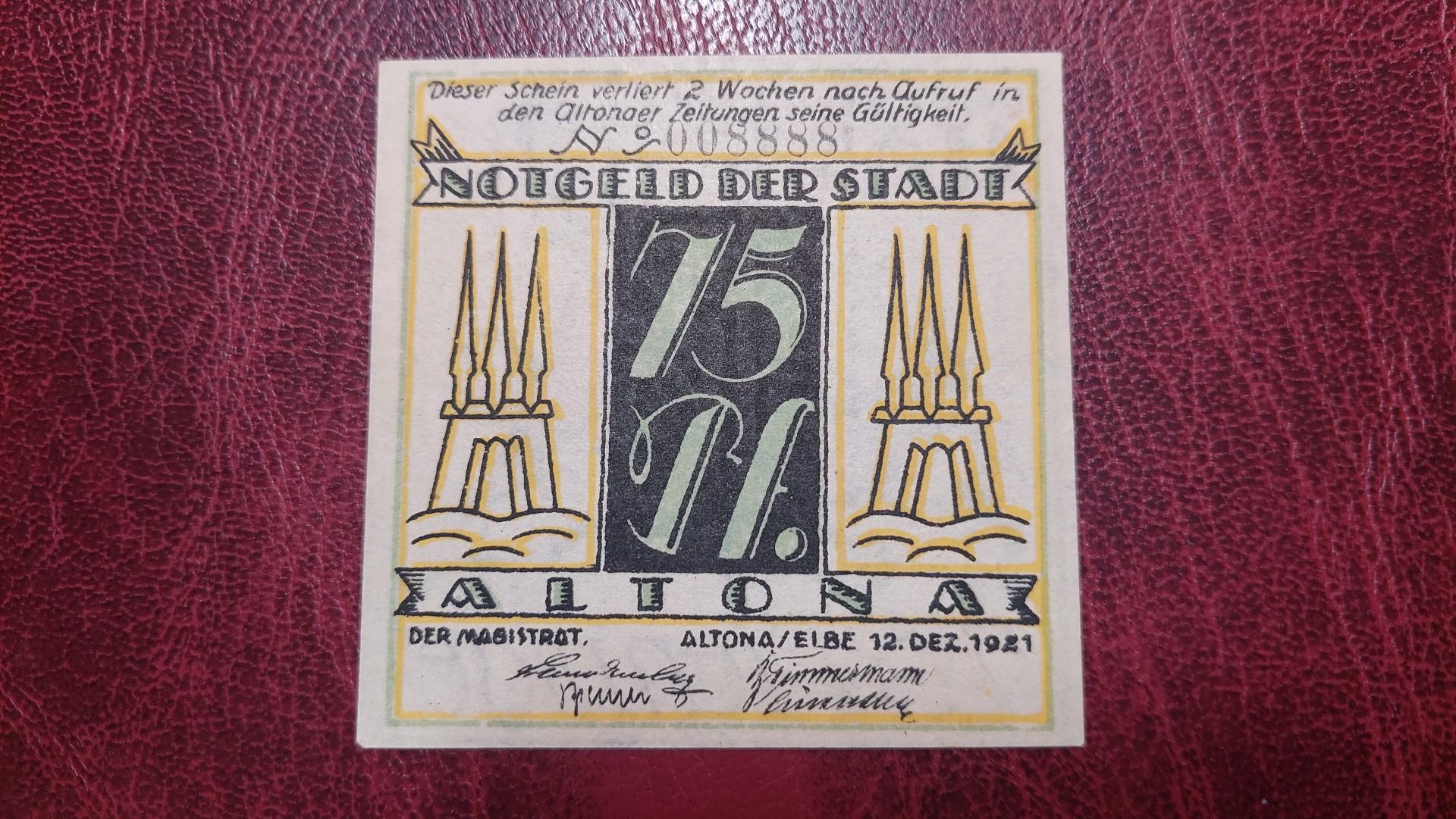 75 Pfennig 1921.12.12 Altona Notgeld Vokietija
