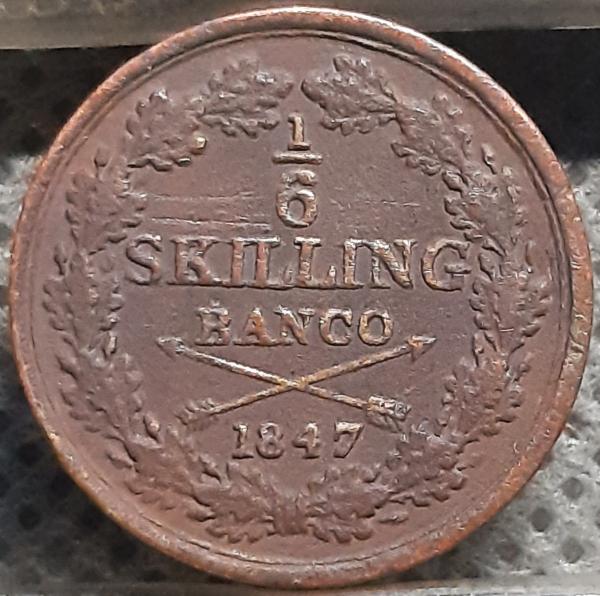 Švedija 1/6 Skilingo Banco 1847 KM#656 (3262)