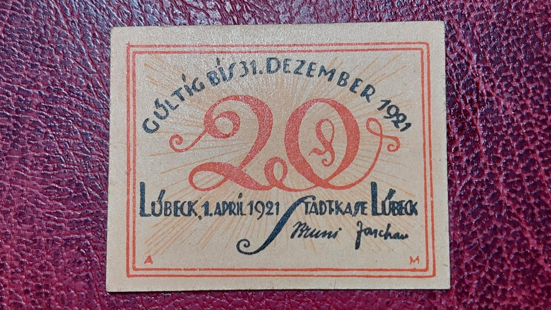 20 Pfennig 1921.04.01 Lübeck Notgeld Vokietija