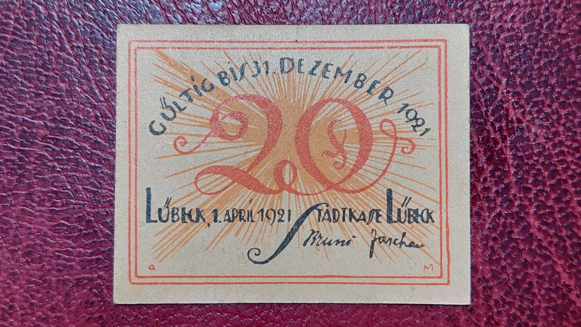20 Pfennig 1921.04.01 Lübeck Notgeld Vokietija