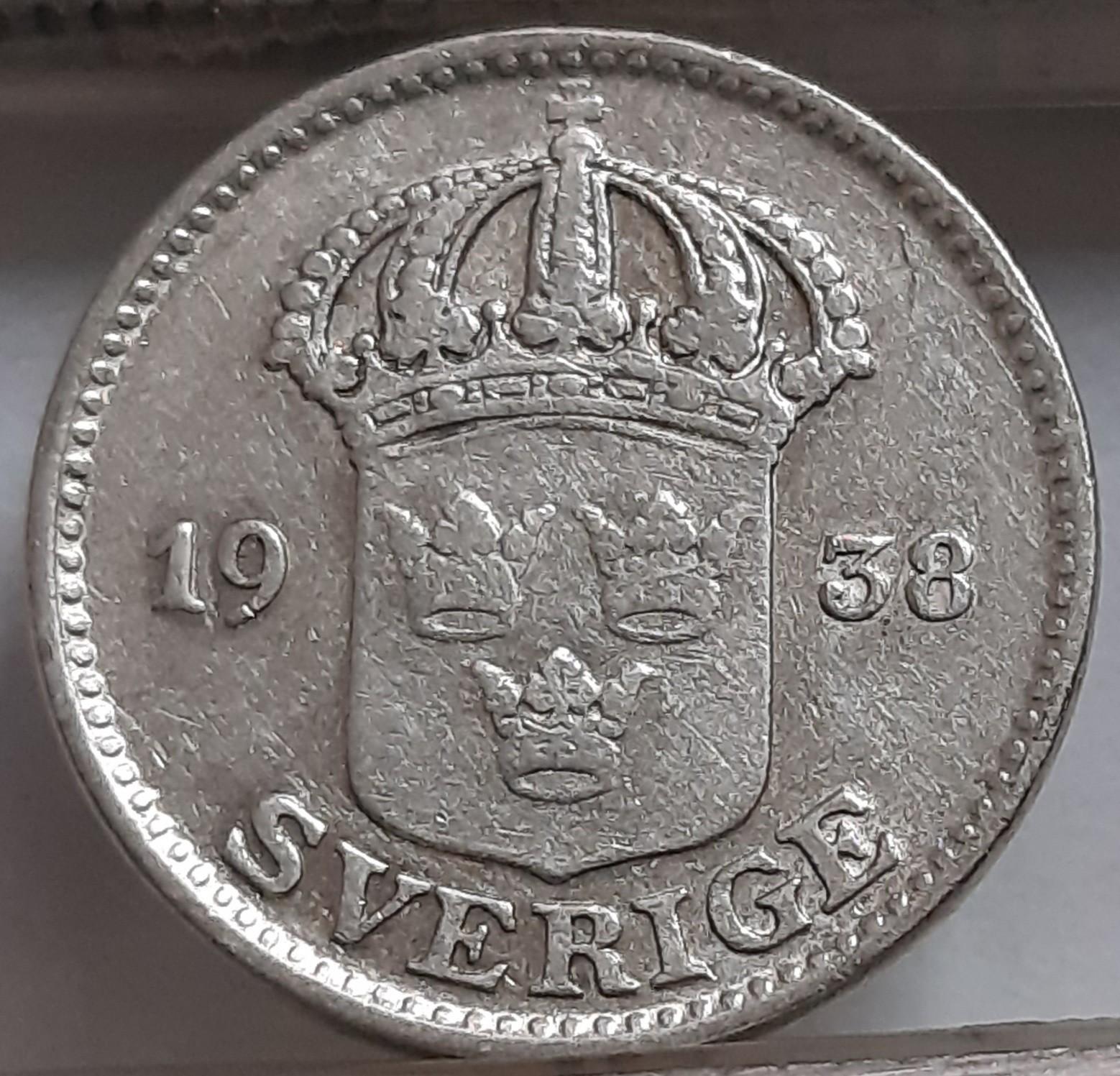 Švedija 25 Erės 1938 KM#785 Sidabras (3322)