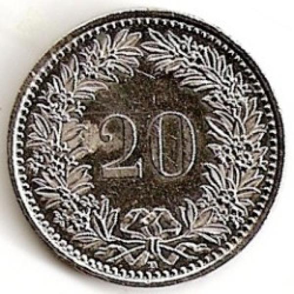 Šveicarija. 20 rapenų ( 1974 ) XF