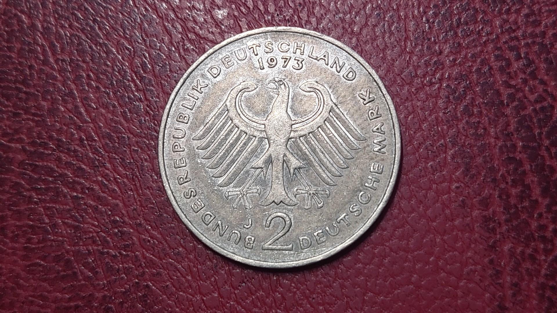 Vokietija 2 markės, 1973J KM# A127 Teodoras Heusas