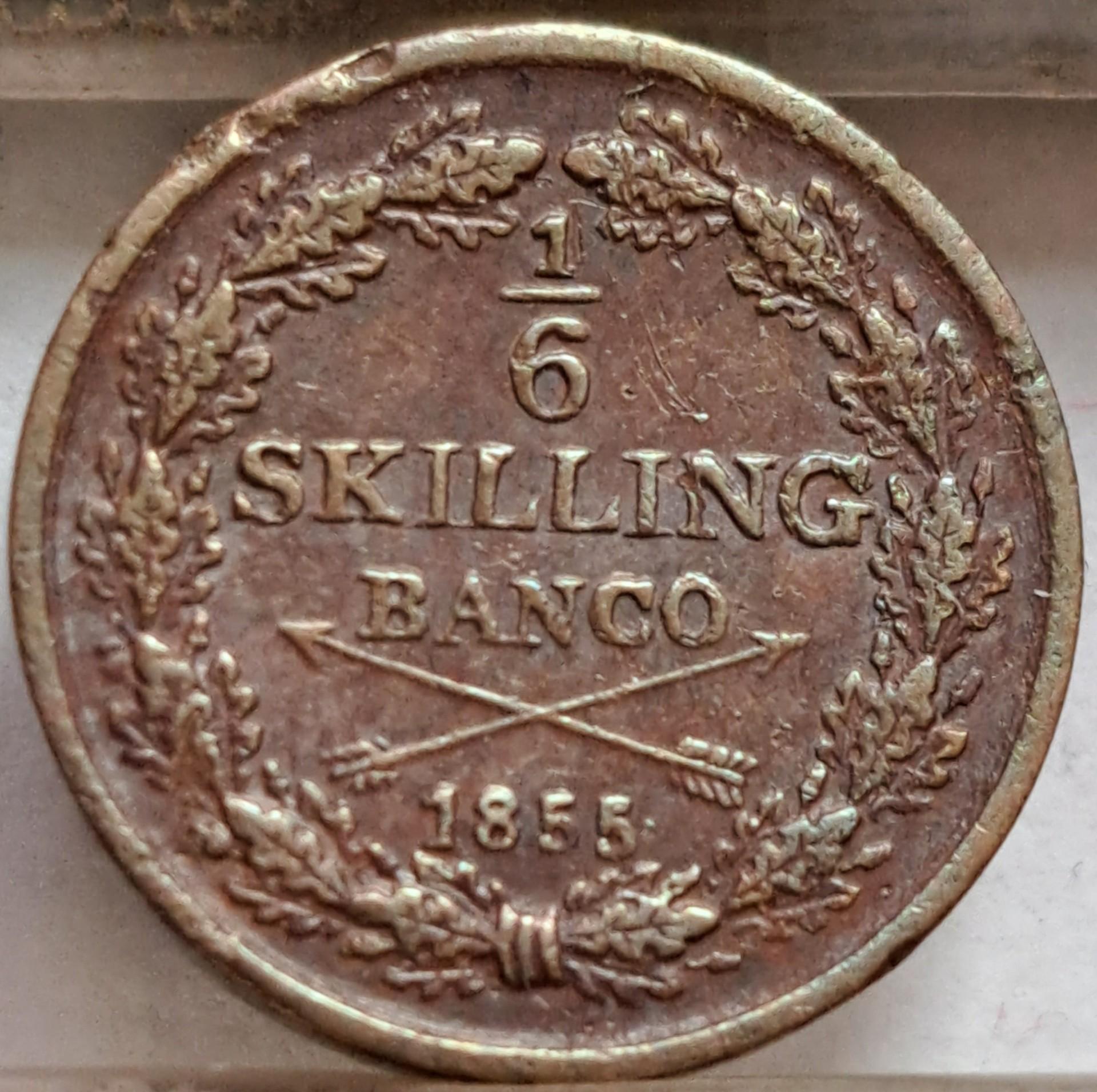 Švedija ⅙ Skilingo Banco 1855 KM#656 Varis (3449)