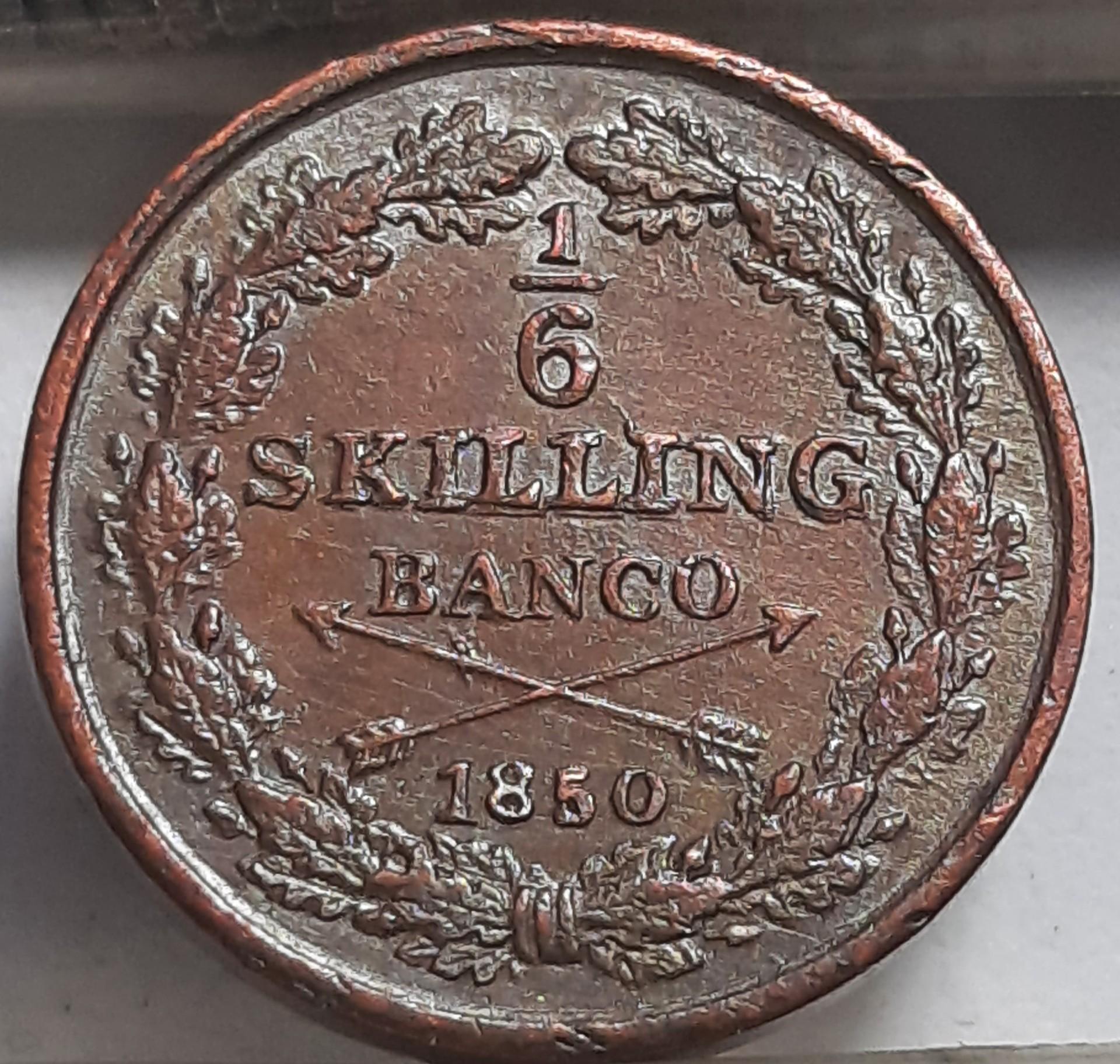 Švedija ⅙ Skilingo Banco 1850 KM#656 Varis (3439)