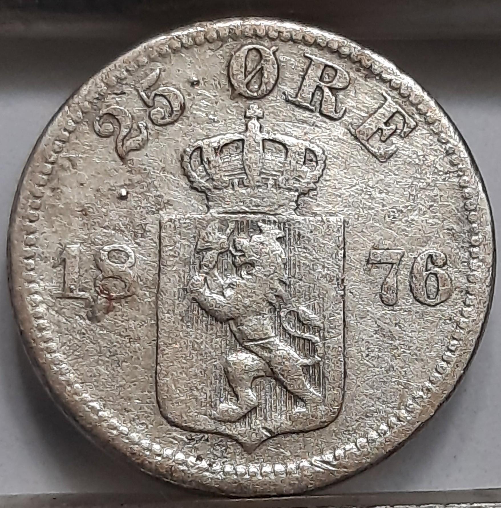 Norvegija 25 Erės 1876 KM#354 Sidabras (3568)