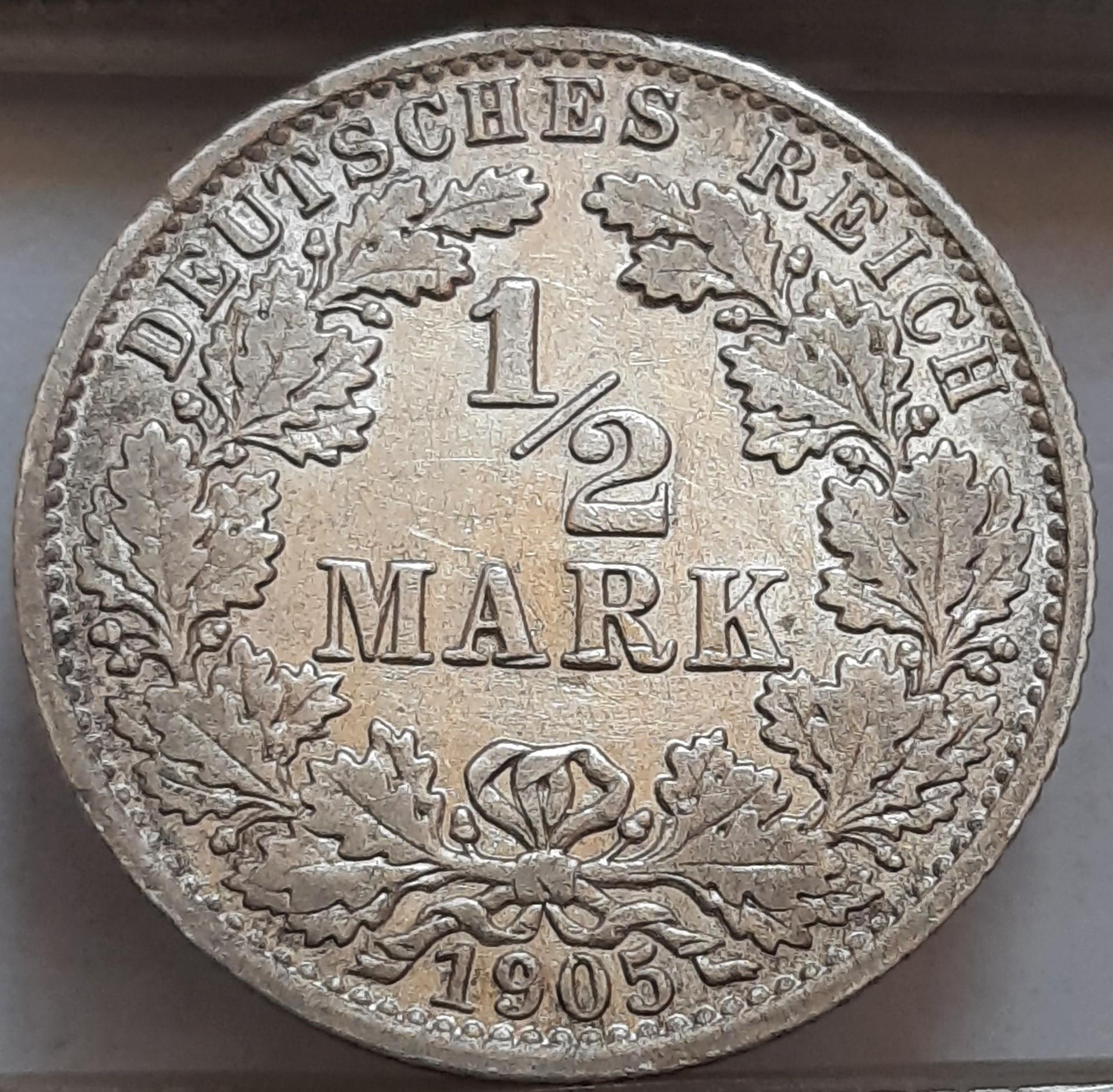 Vokietija 1/2 Markės 1905 A KM#17 Sidabras (3673)