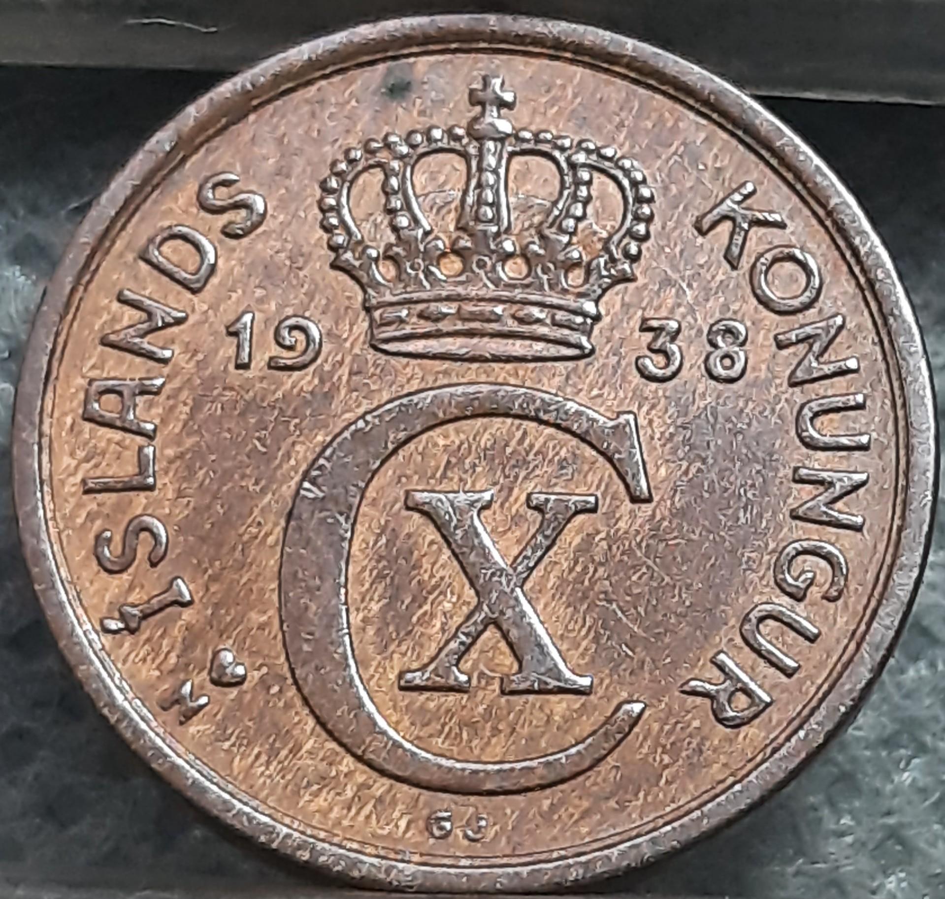 Islandija 1 Eirė 1938 KM#5 Bronza (3687)