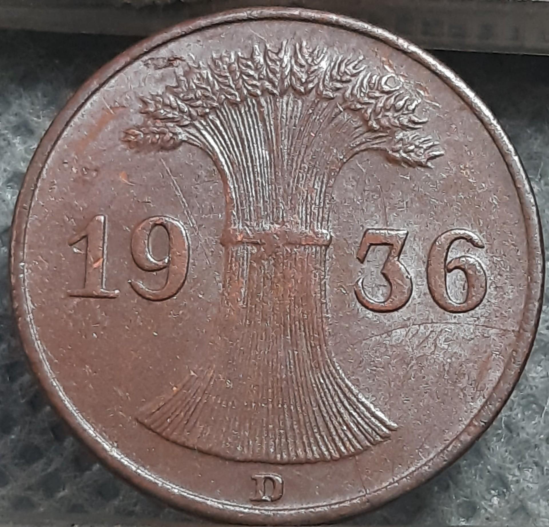 Vokietija 1 Reichspfenigas 1936 D KM#37 (3694)