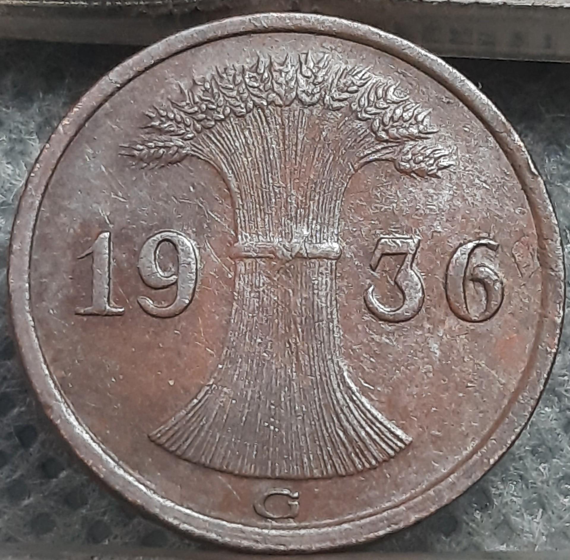 Vokietija 1 Reichspfenigas 1936 G KM#37 (3693)