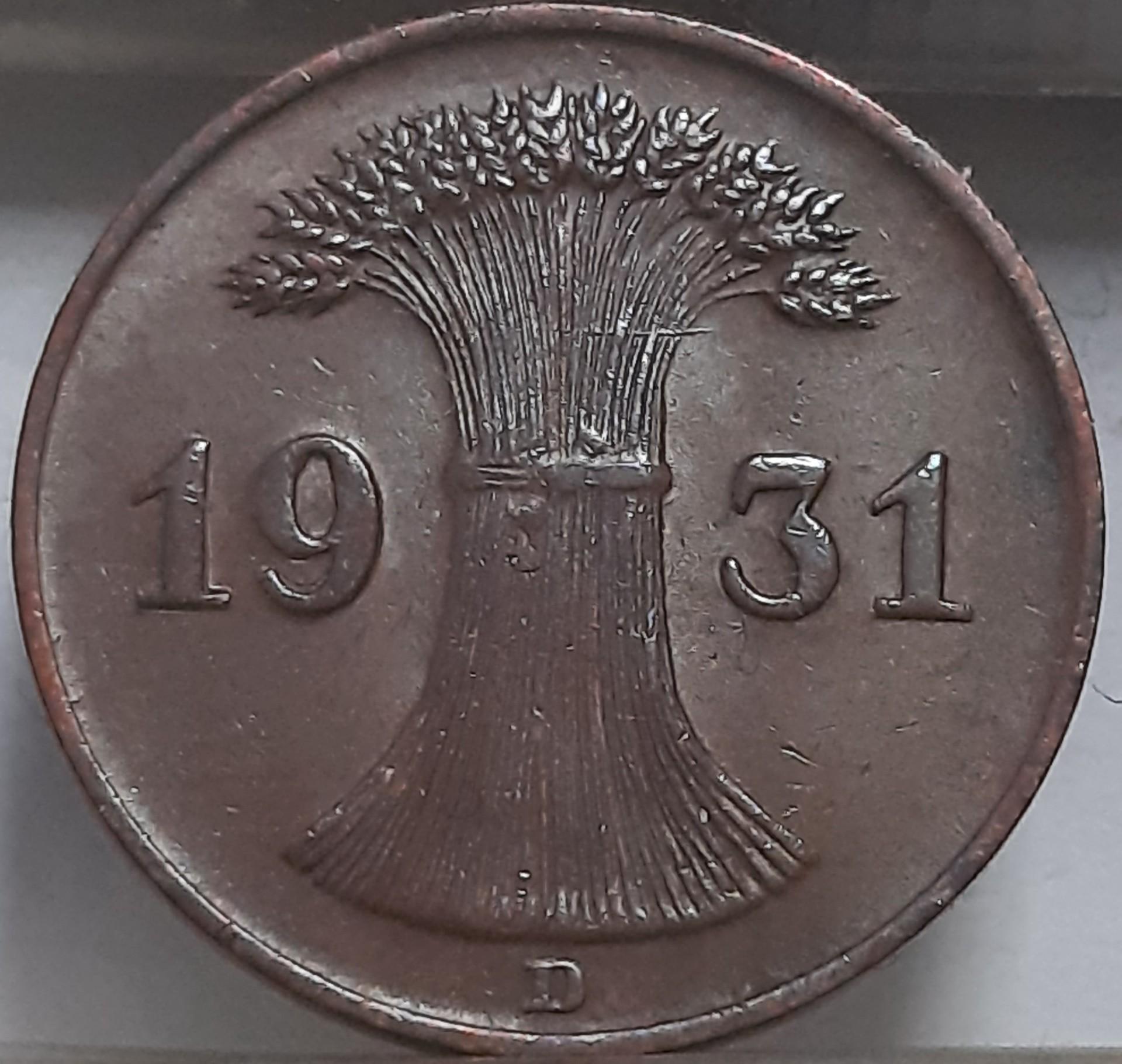 Vokietija 1 Reichspfenigas 1931 D KM#37 Bronza (3764)