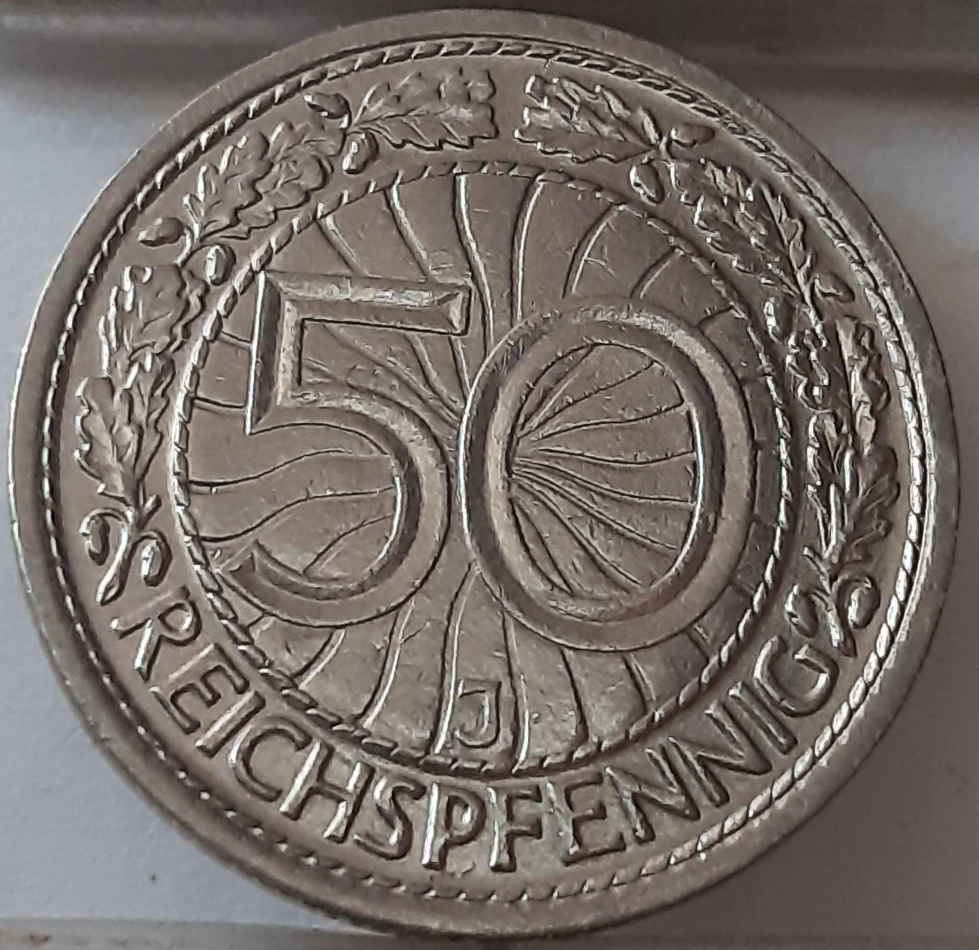 Vokietija 50 Reichspfenigų 1927 J KM#49 Nikelis (3787)