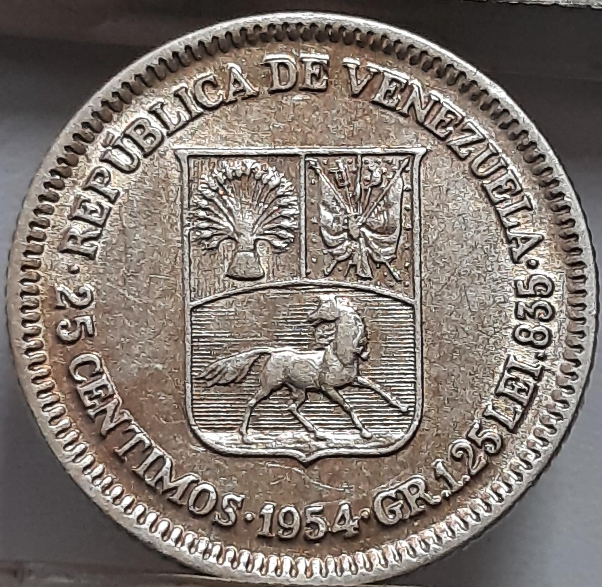 Venesuela 25 sentimai 1954 Y#35 Sidabras (3940)