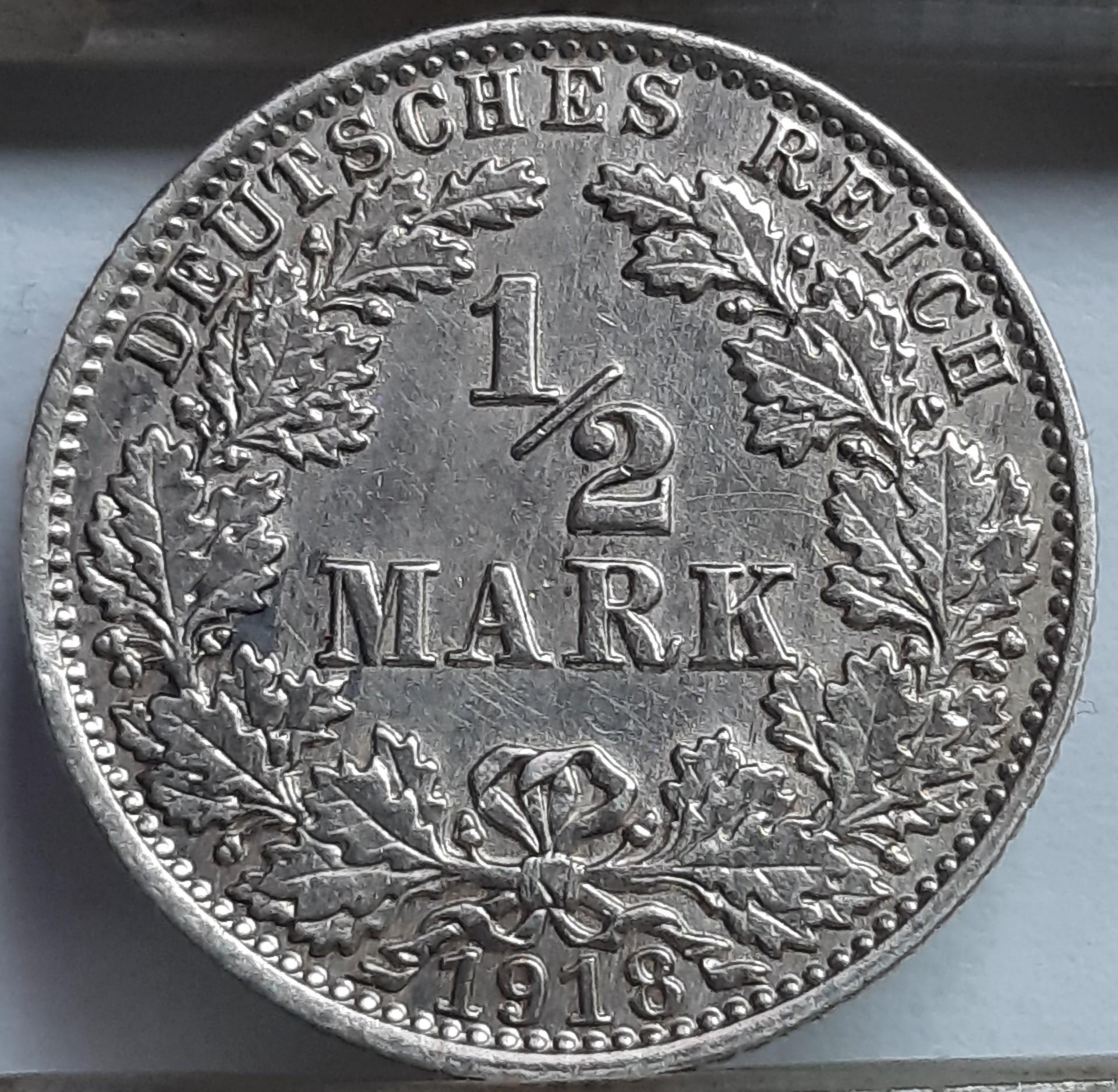 Vokietija 1/2 Markės 1918 A KM#17 Sidabras (4012)