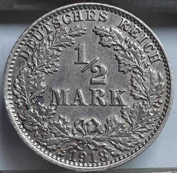 Vokietija 1/2 Markės 1918 A KM#17 Sidabras (4012)