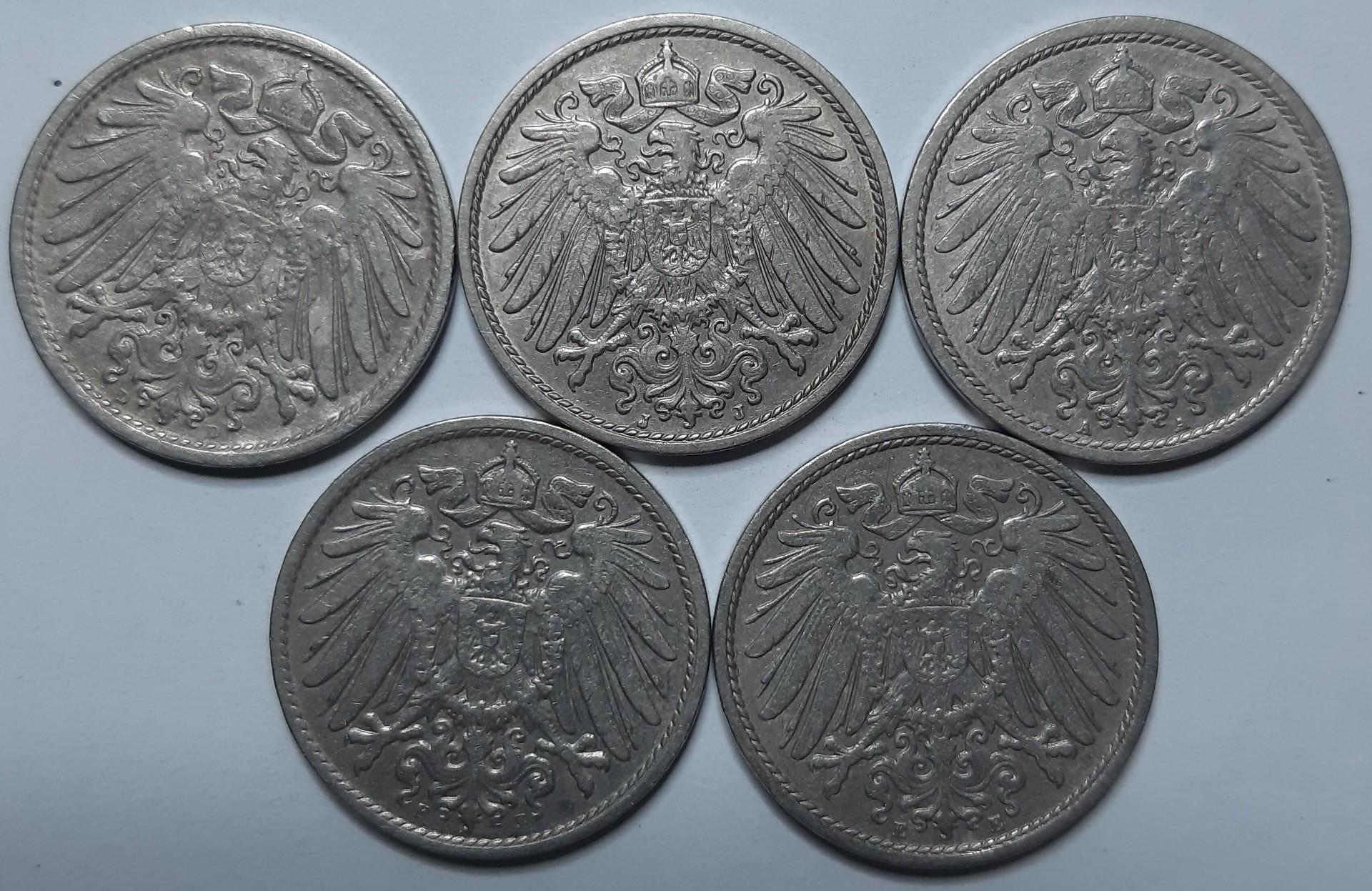 Vokietija 10 Pfenigų 1907 A D E F J KM#12 (4022)