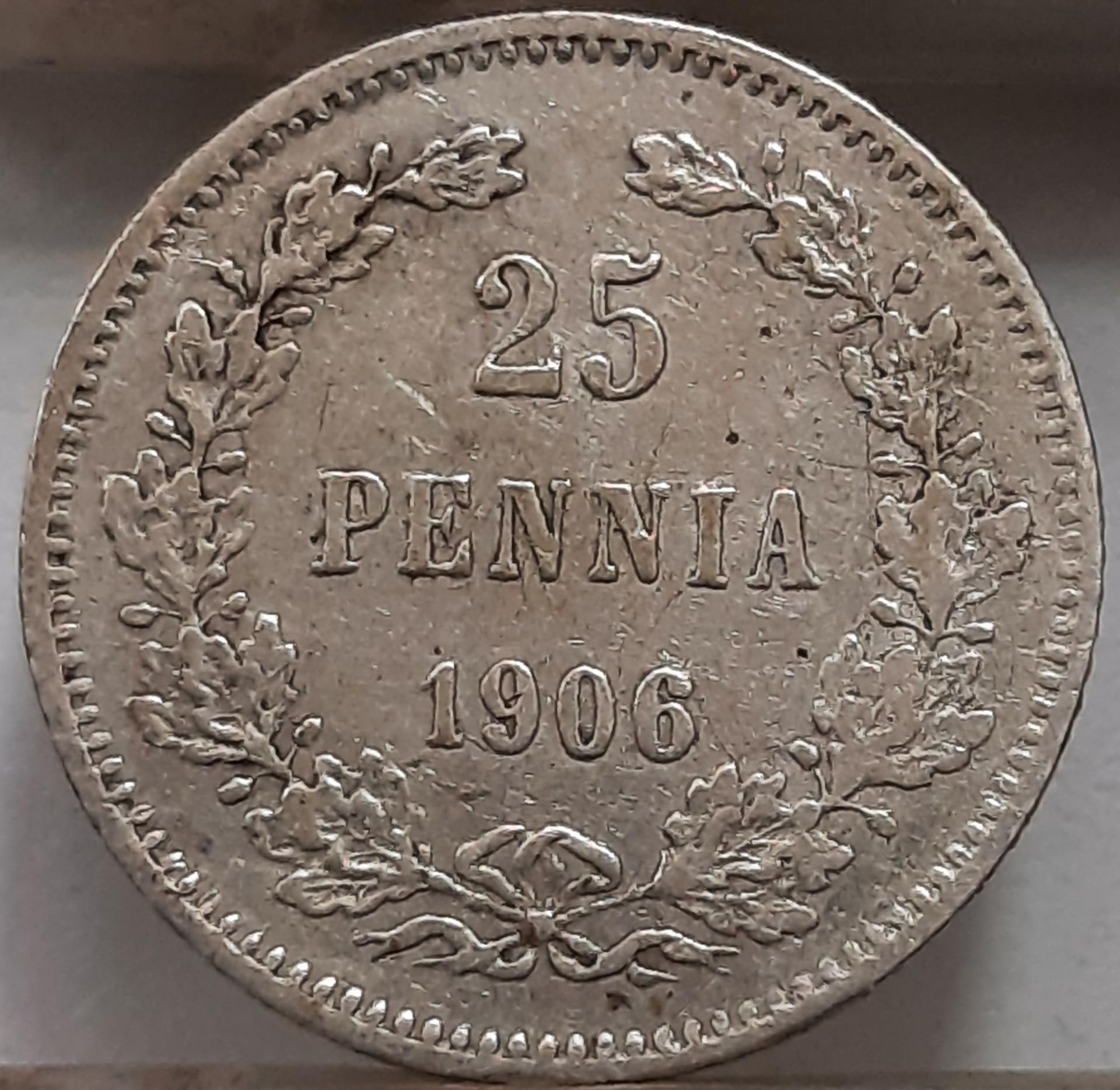 Suomija 25 Pensai 1906 KM#6.2 Sidabras (4148)