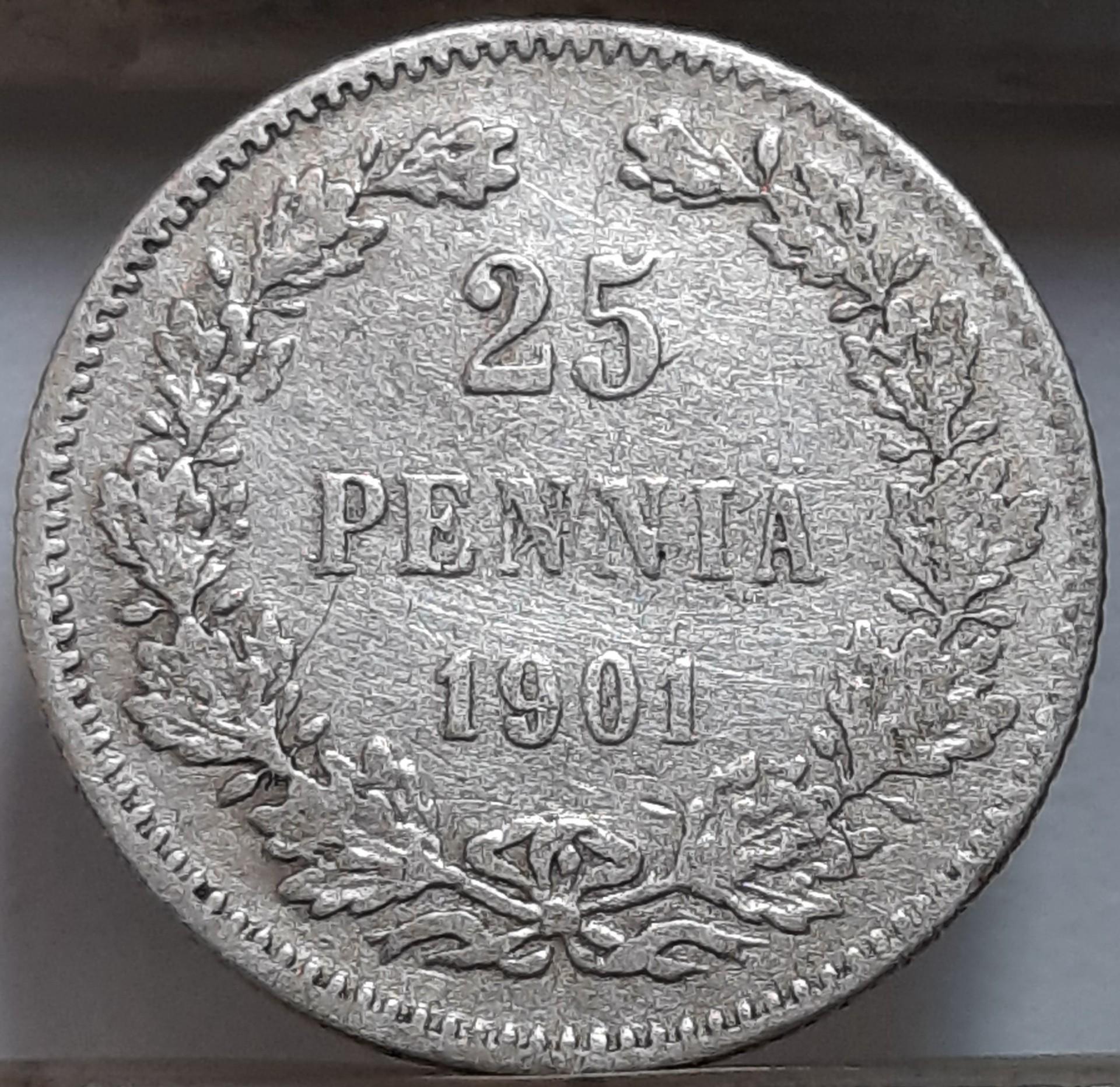 Suomija 25 Pensai 1901 KM#6.2 Sidabras (4185)