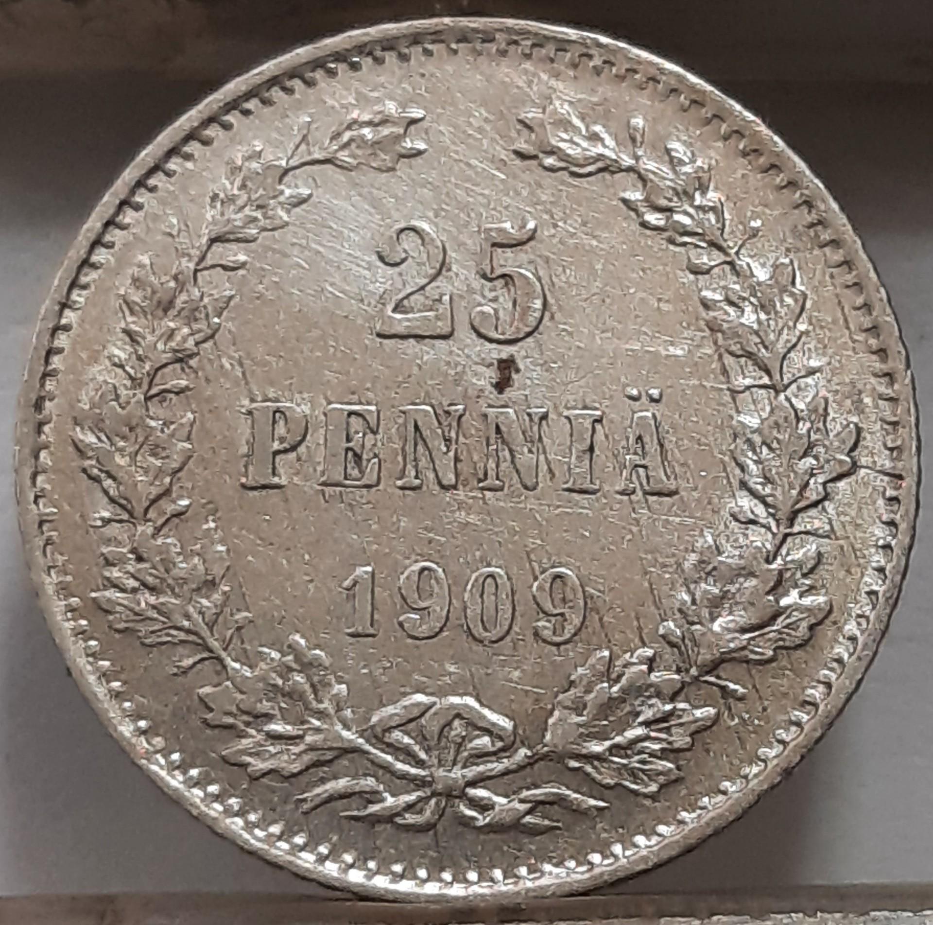 Suomija 25 Pensai 1909 KM#6.2 Sidabras (4152)