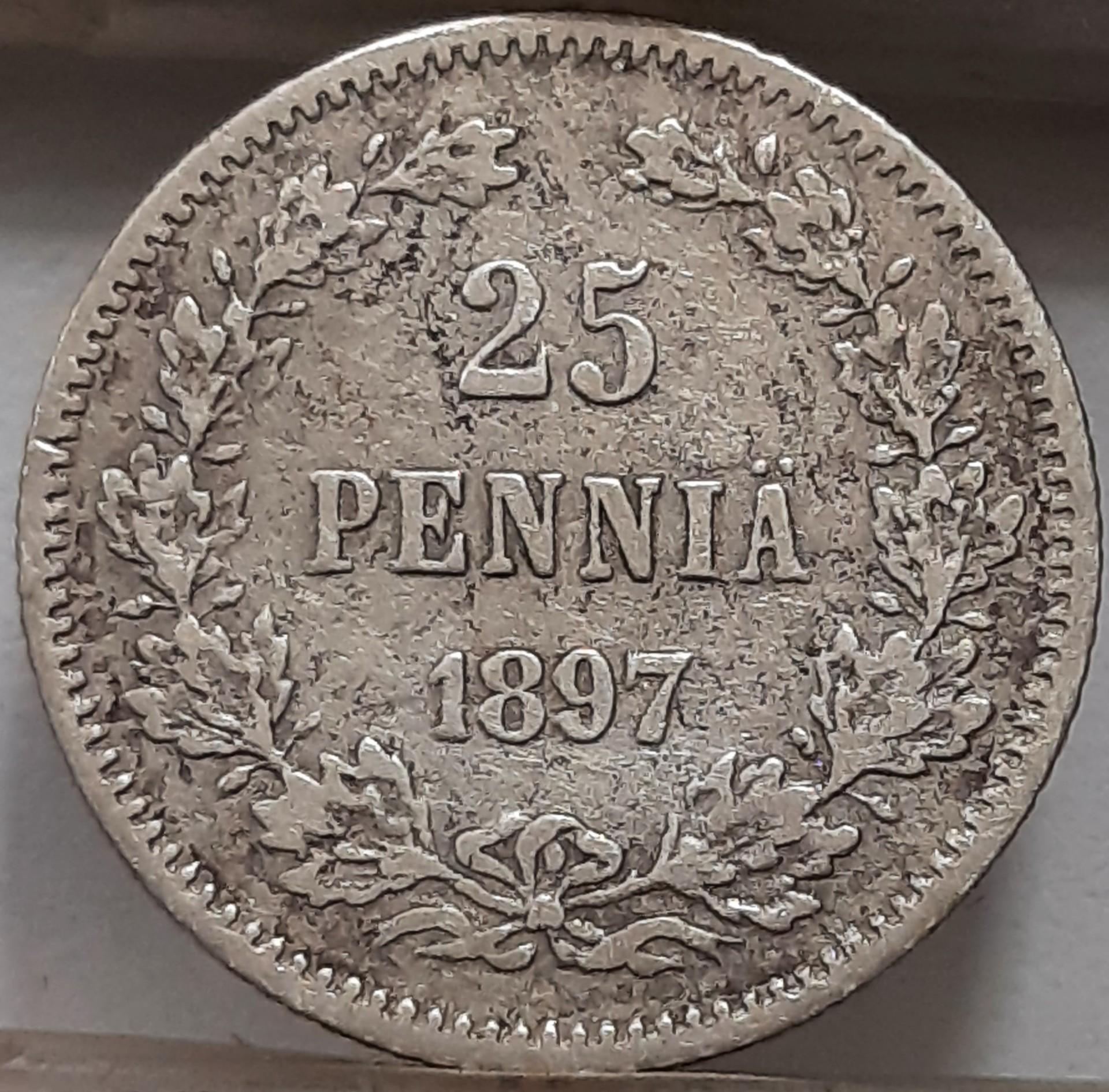 Suomija 25 Pensai 1897 KM#6.2 Sidabras (4150)