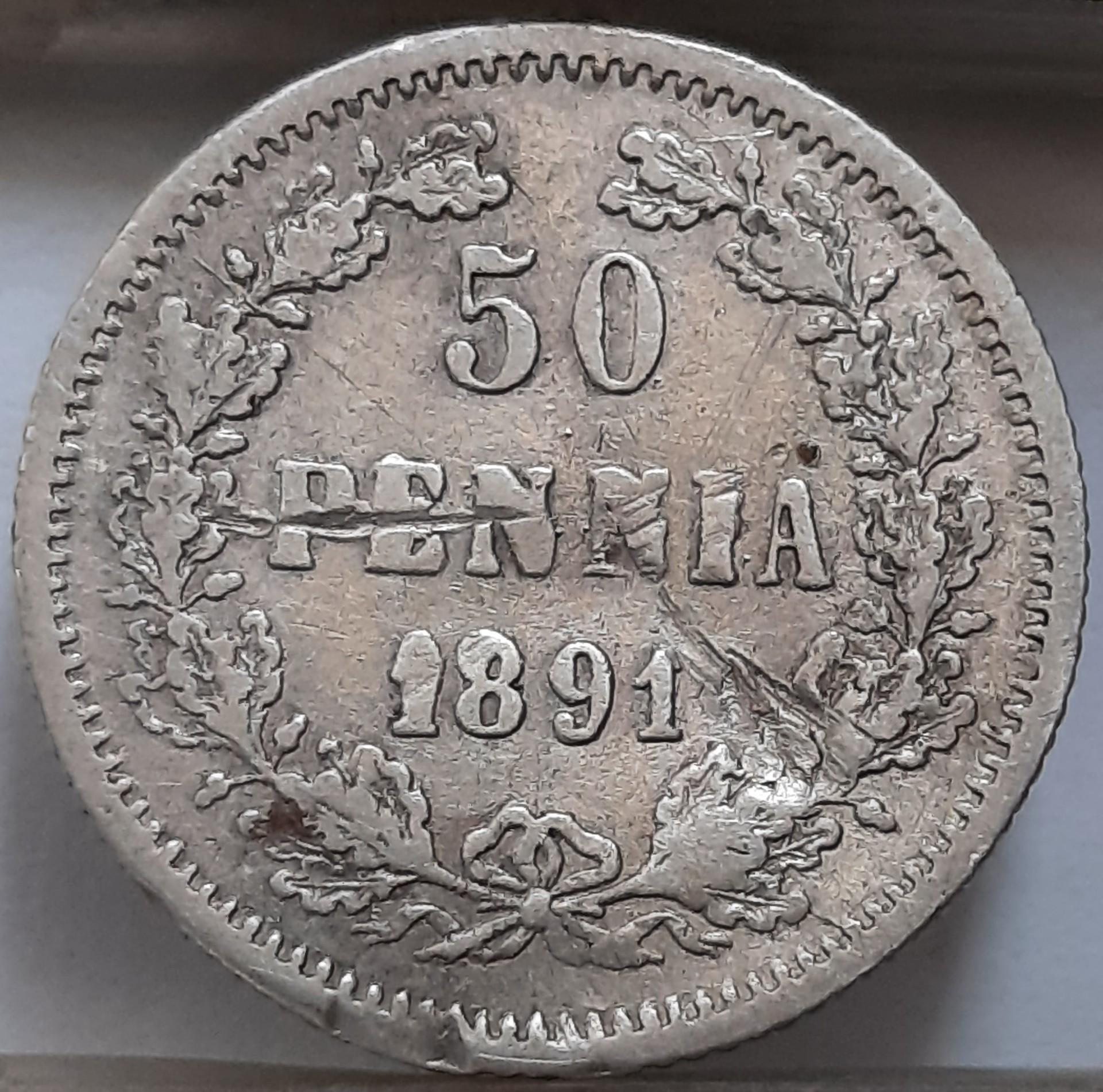 Suomija 50 Pensų 1891 KM#2.2 RETA Sidabras (4198)