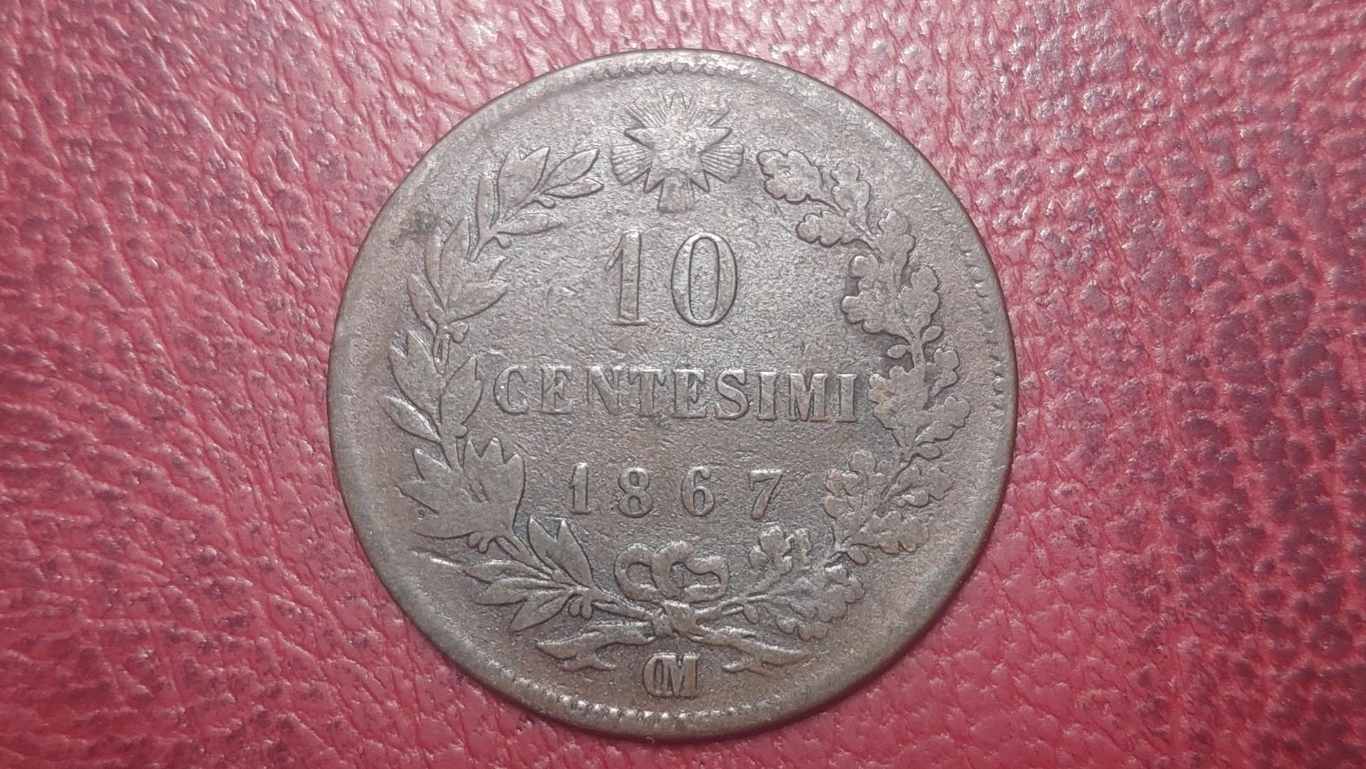 Italija 10 čentezimų, 1867OM KM# 11