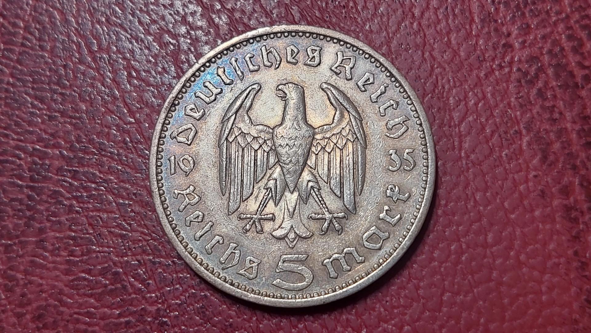 Trečiasis Reichas 5 reichsmarkės, 1935F KM# 86 AG