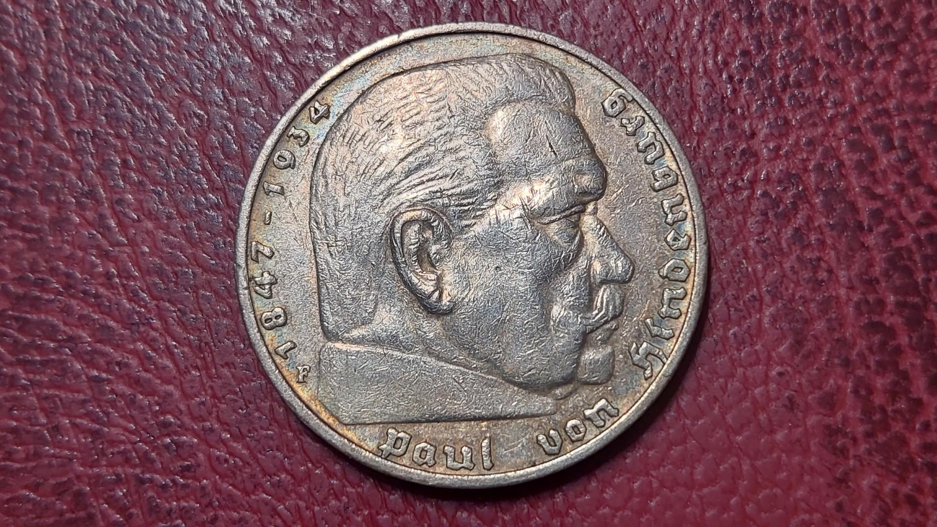 Trečiasis Reichas 5 reichsmarkės, 1935F KM# 86 AG