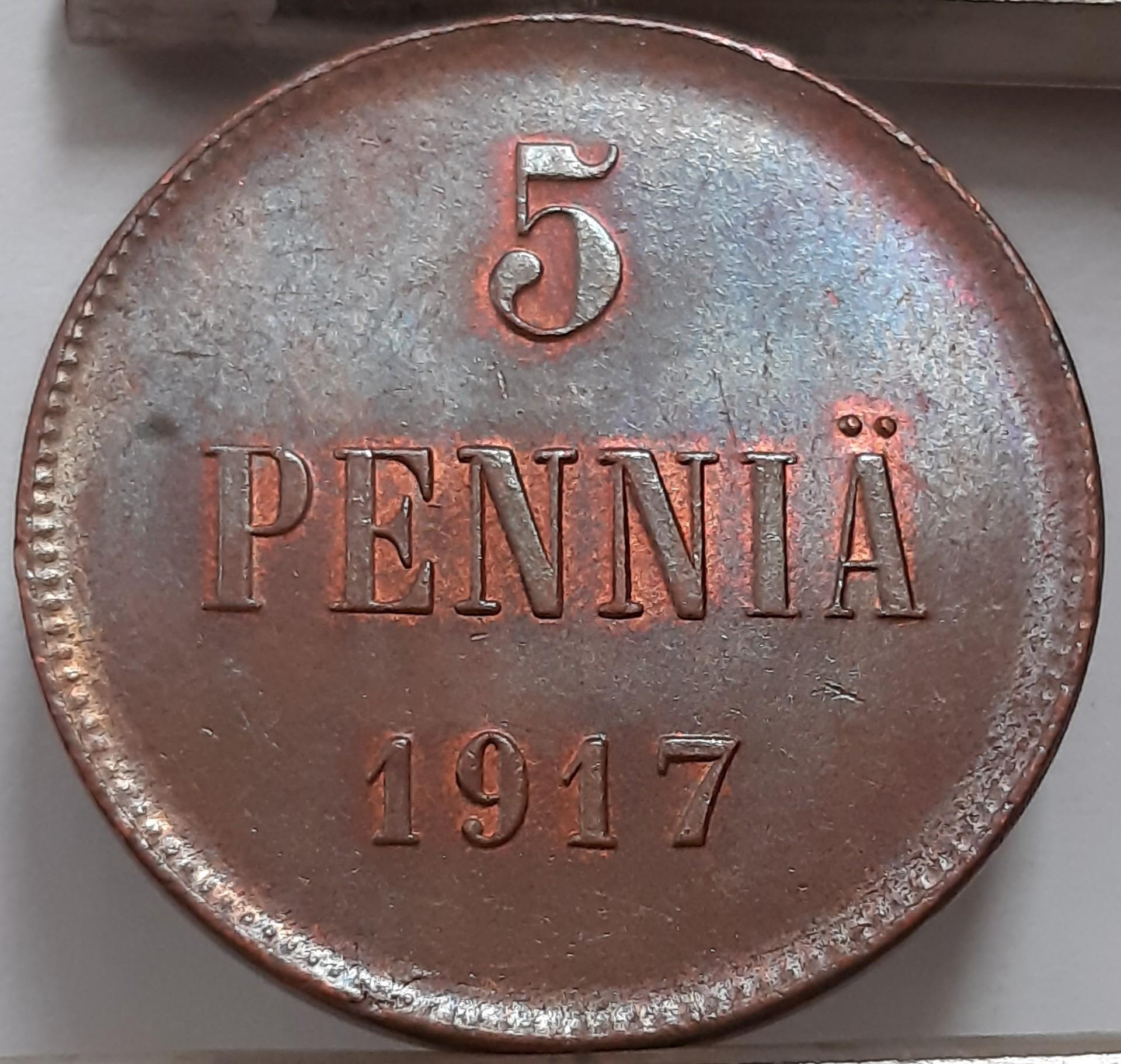 Suomija 5 Pensai 1917 KM#17 Varis (4215)