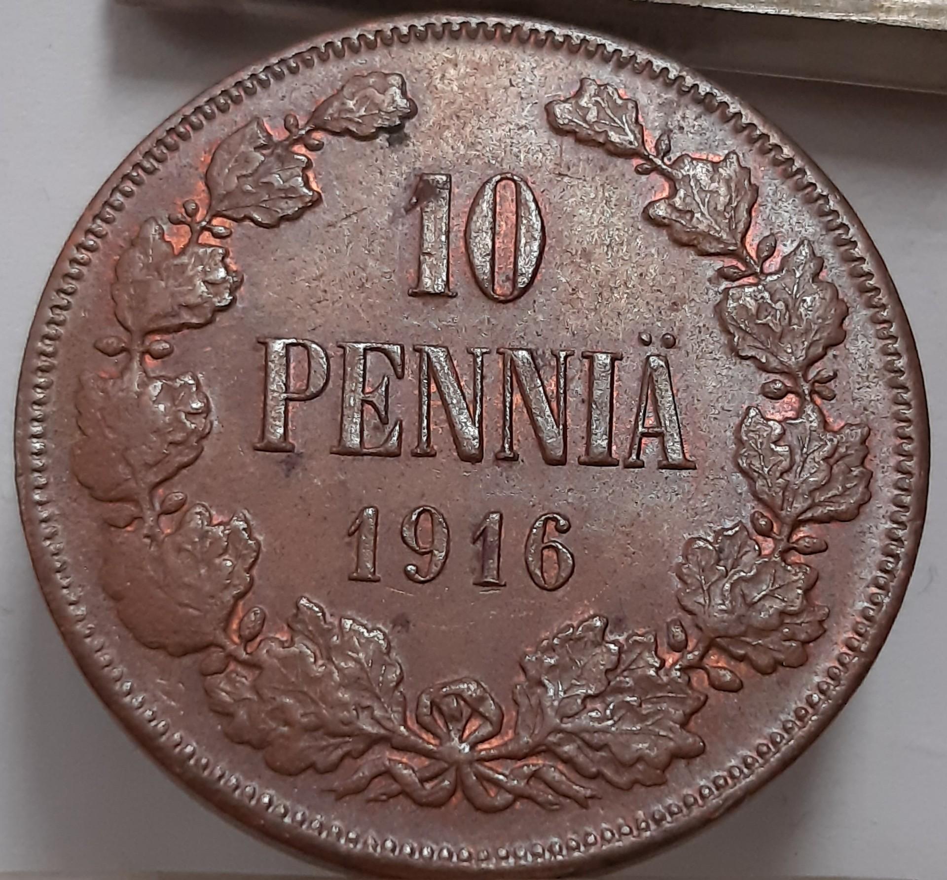 Suomija 10 Pensų 1916 KM#14 Varis (4213)