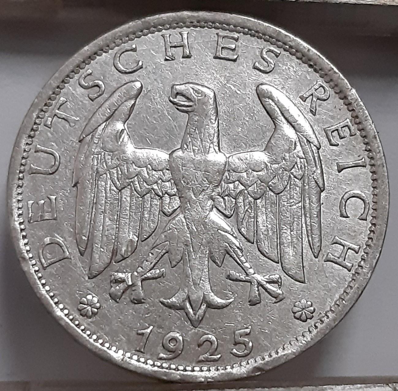 Vokietija 1 Reichsmarkė 1925 E KM#44 Sidabras RETA (4284)