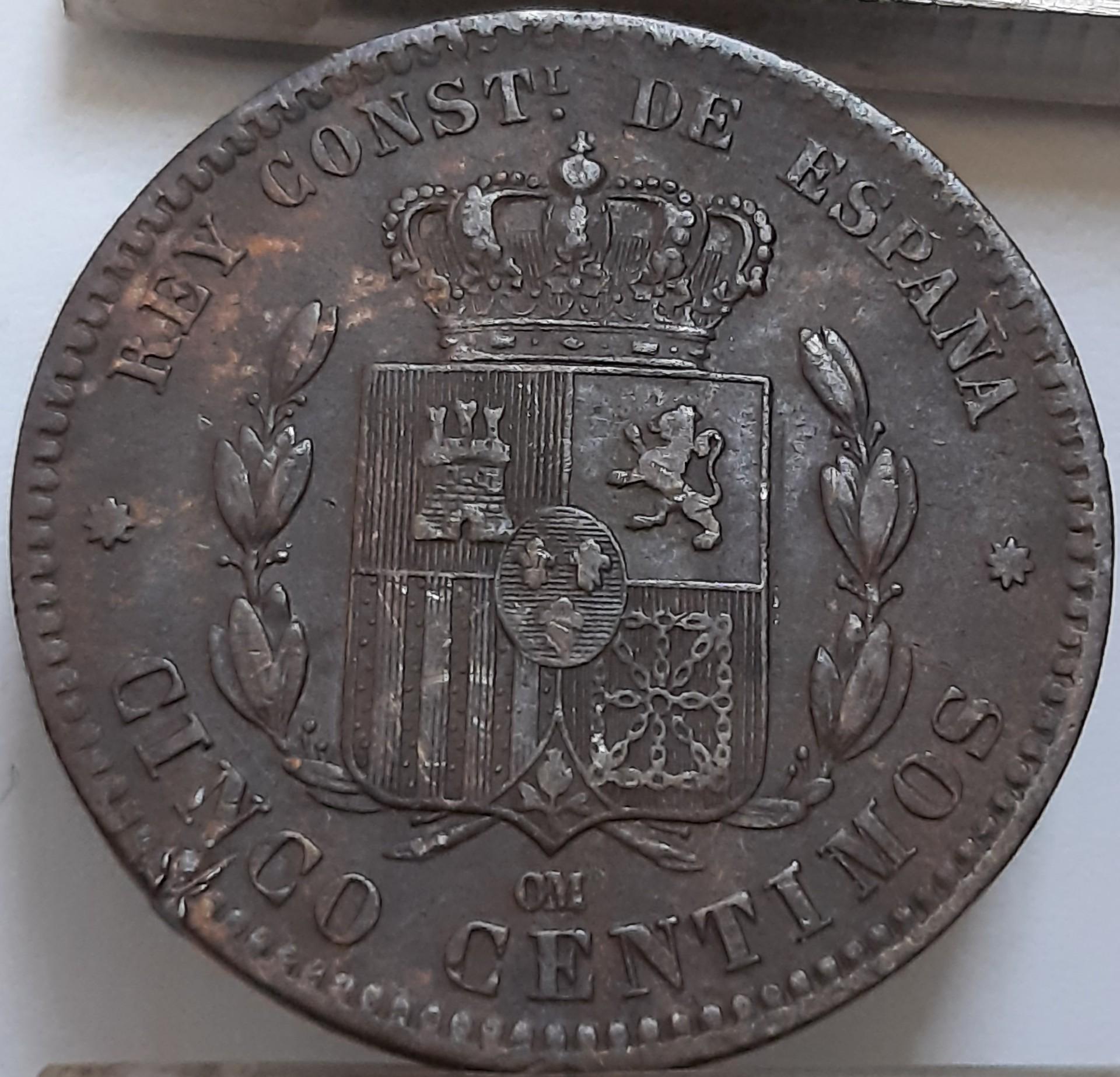 Ispanija 5 Sentimai 1877 KM#674 Bronza (4303)