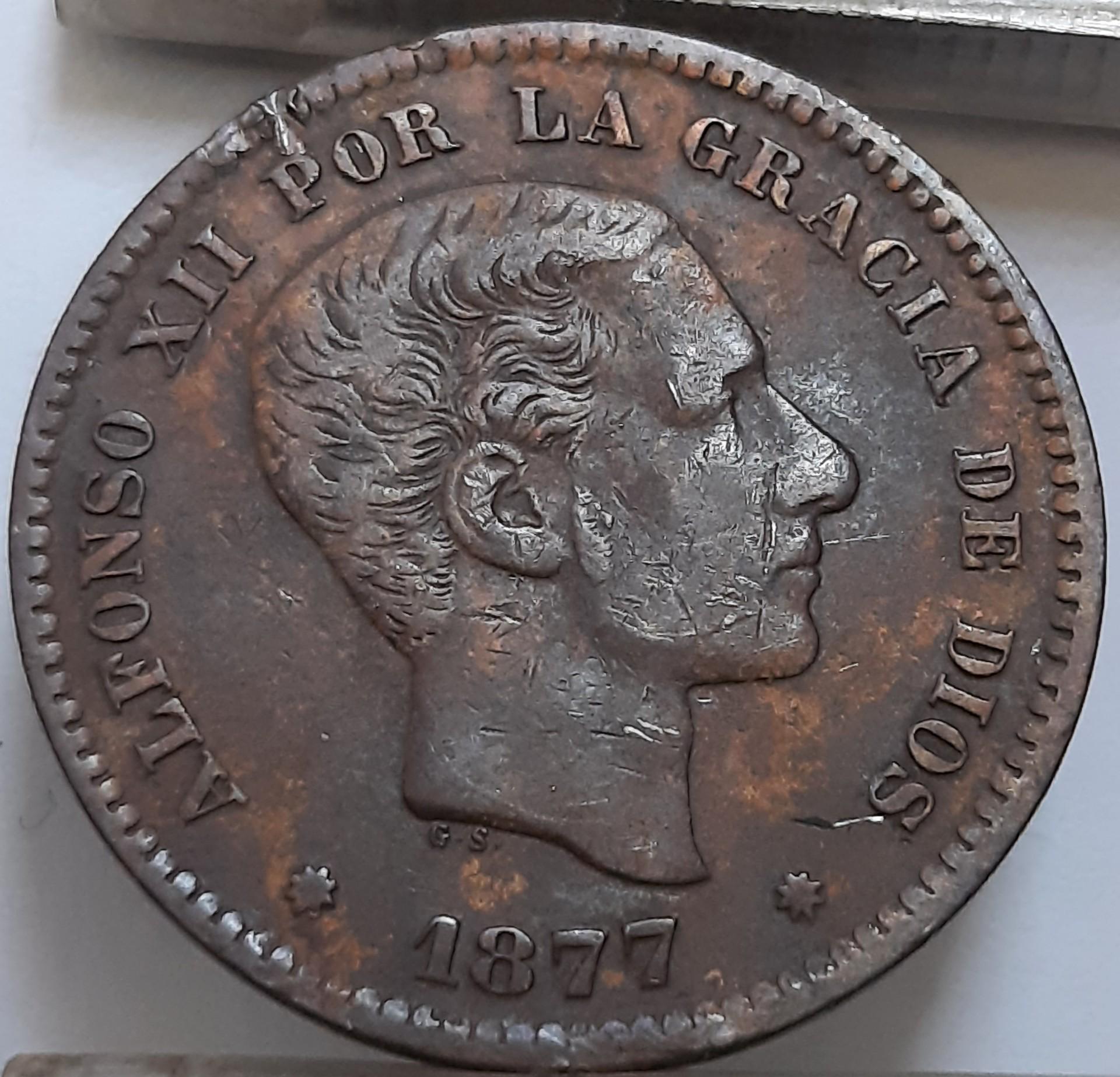 Ispanija 5 Sentimai 1877 KM#674 Bronza (4303)