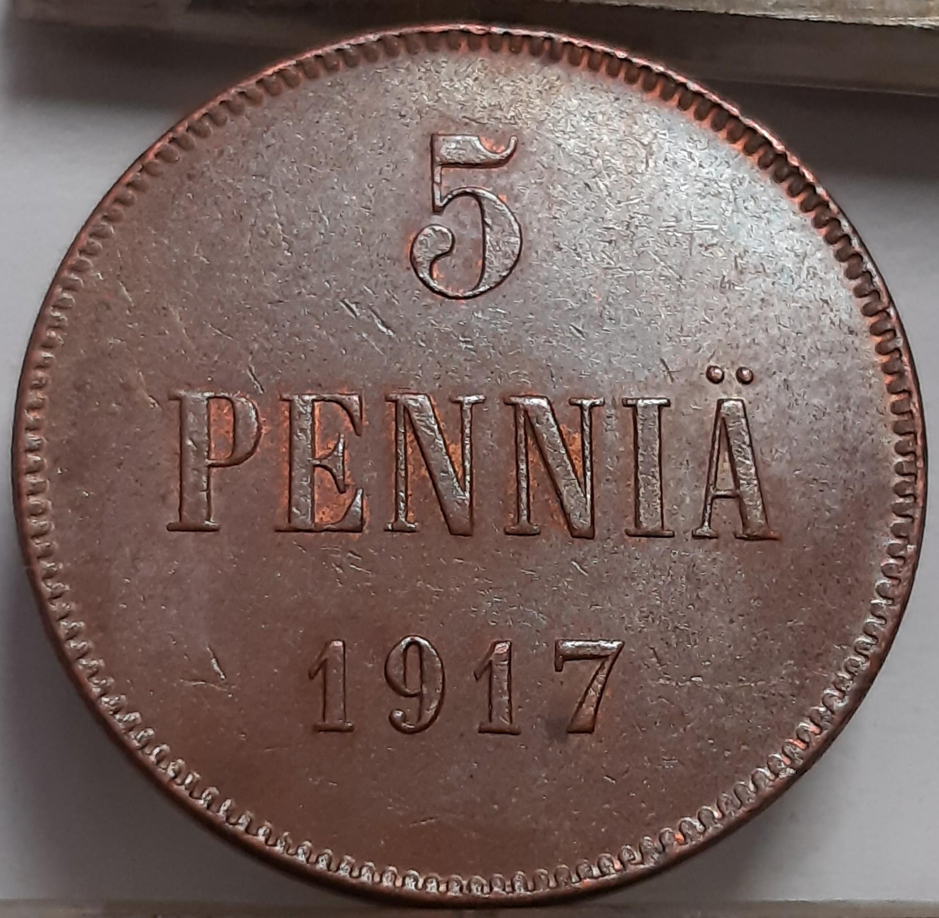 Suomija 5 Pensai 1917 KM#17 Varis (4349)