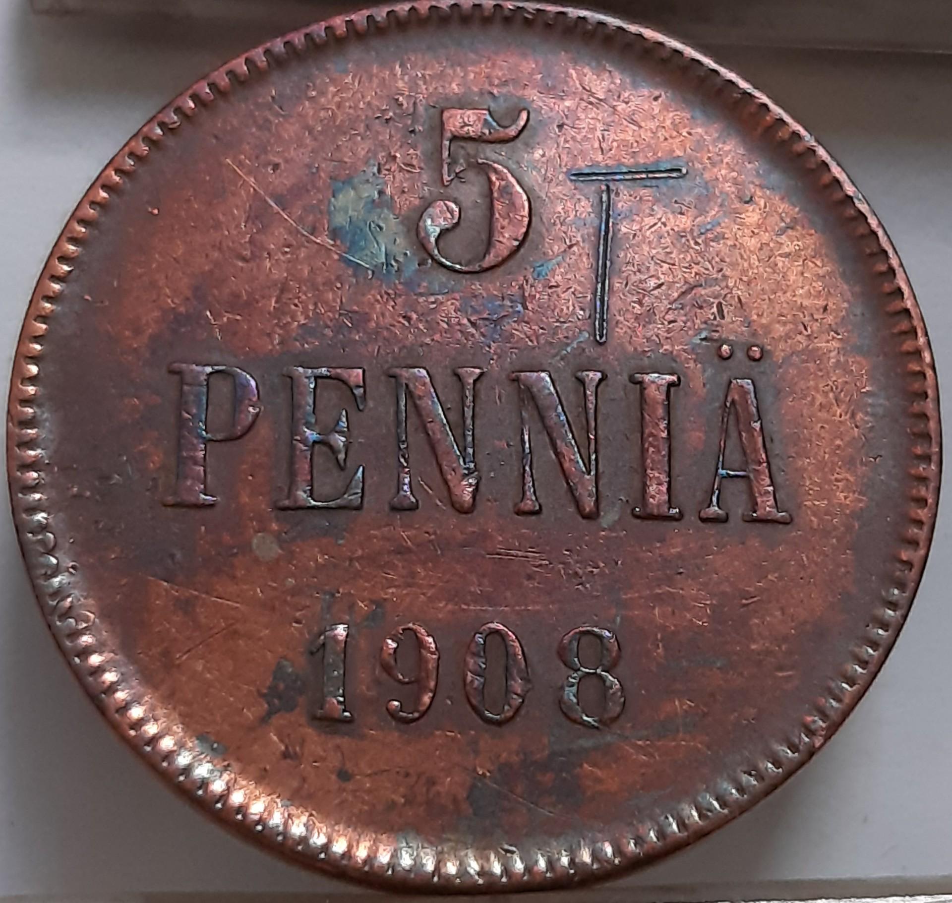 Suomija 5 Pensai 1908 KM#15 Varis (4354)