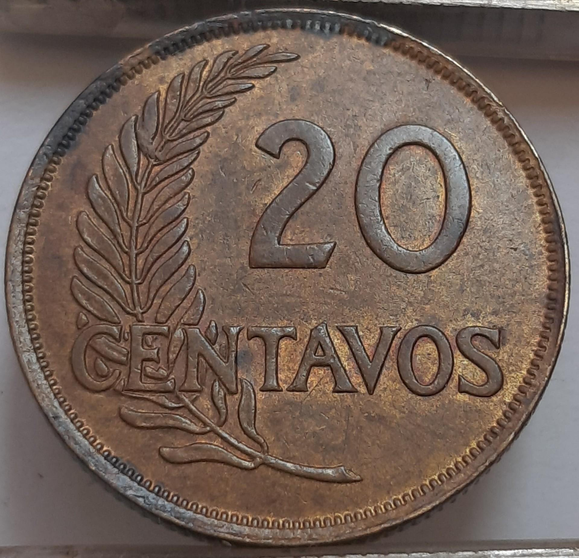 Peru 20 Sentavų 1945 KM#221 Žalvaris (4404)