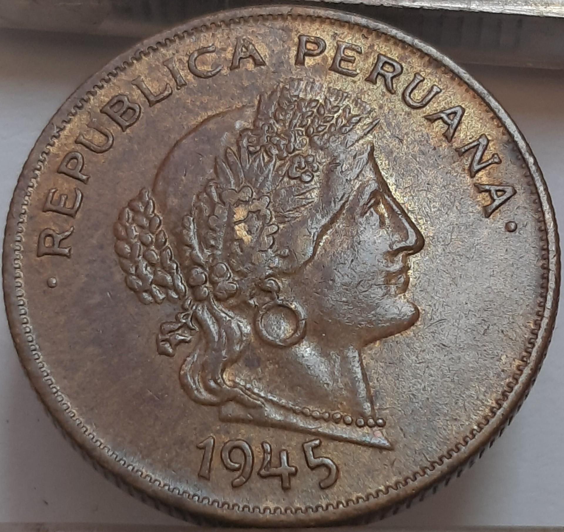 Peru 20 Sentavų 1945 KM#221 Žalvaris (4404)