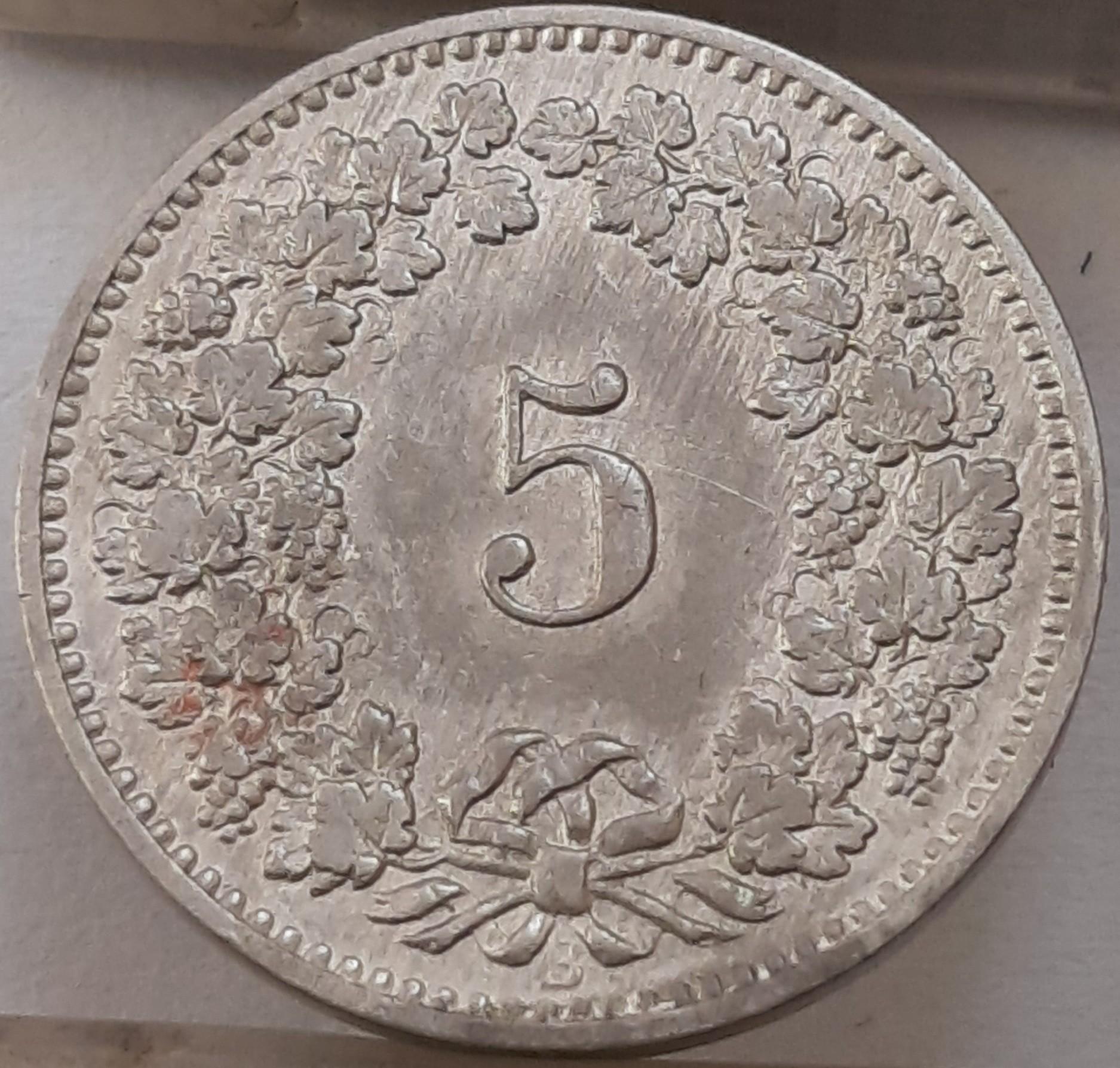 Šveicarija 5 Rapenai 1890 KM#26 (4683)