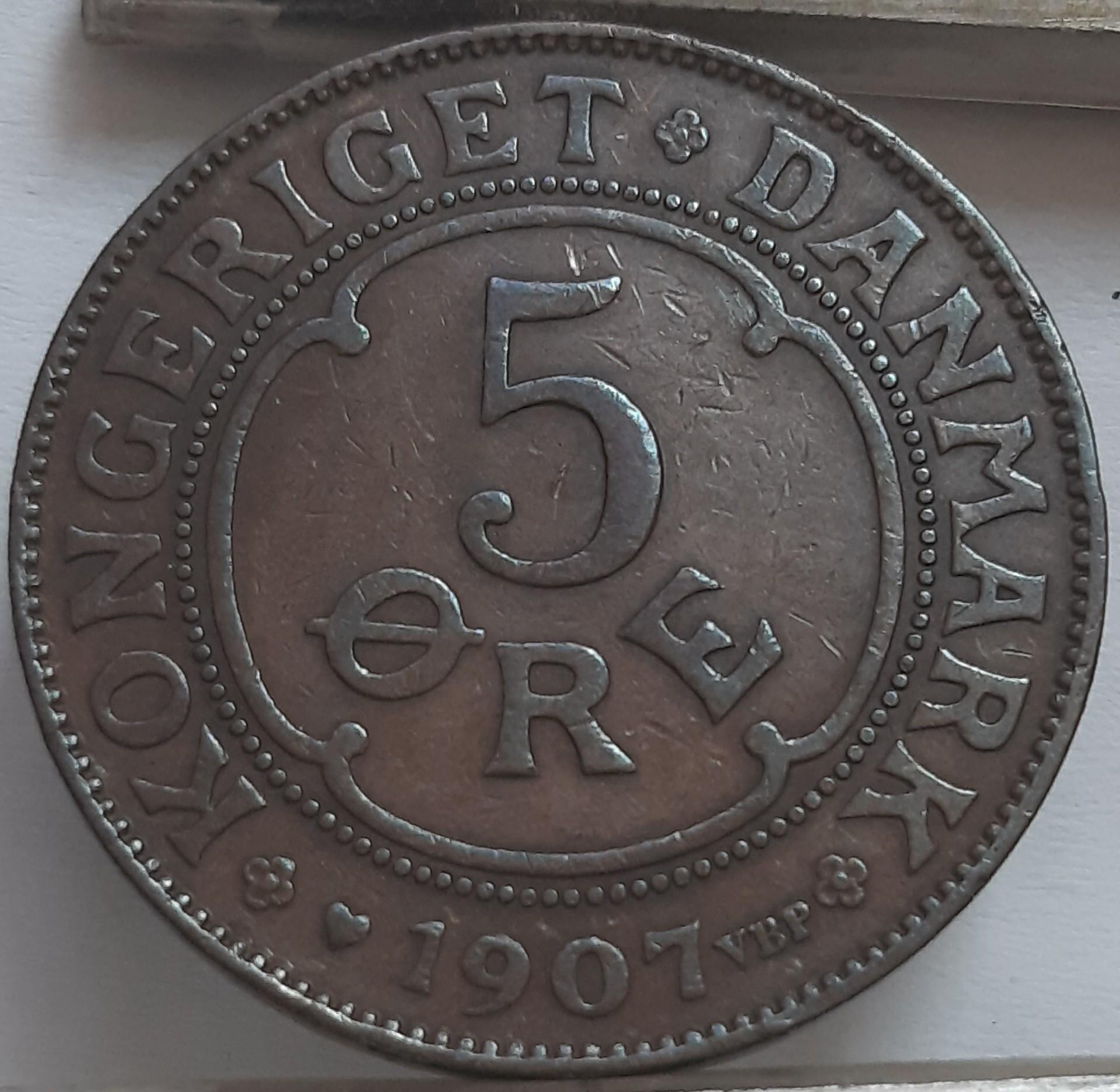 Danija 5 Erės 1907 KM#806 Bronza (4699)