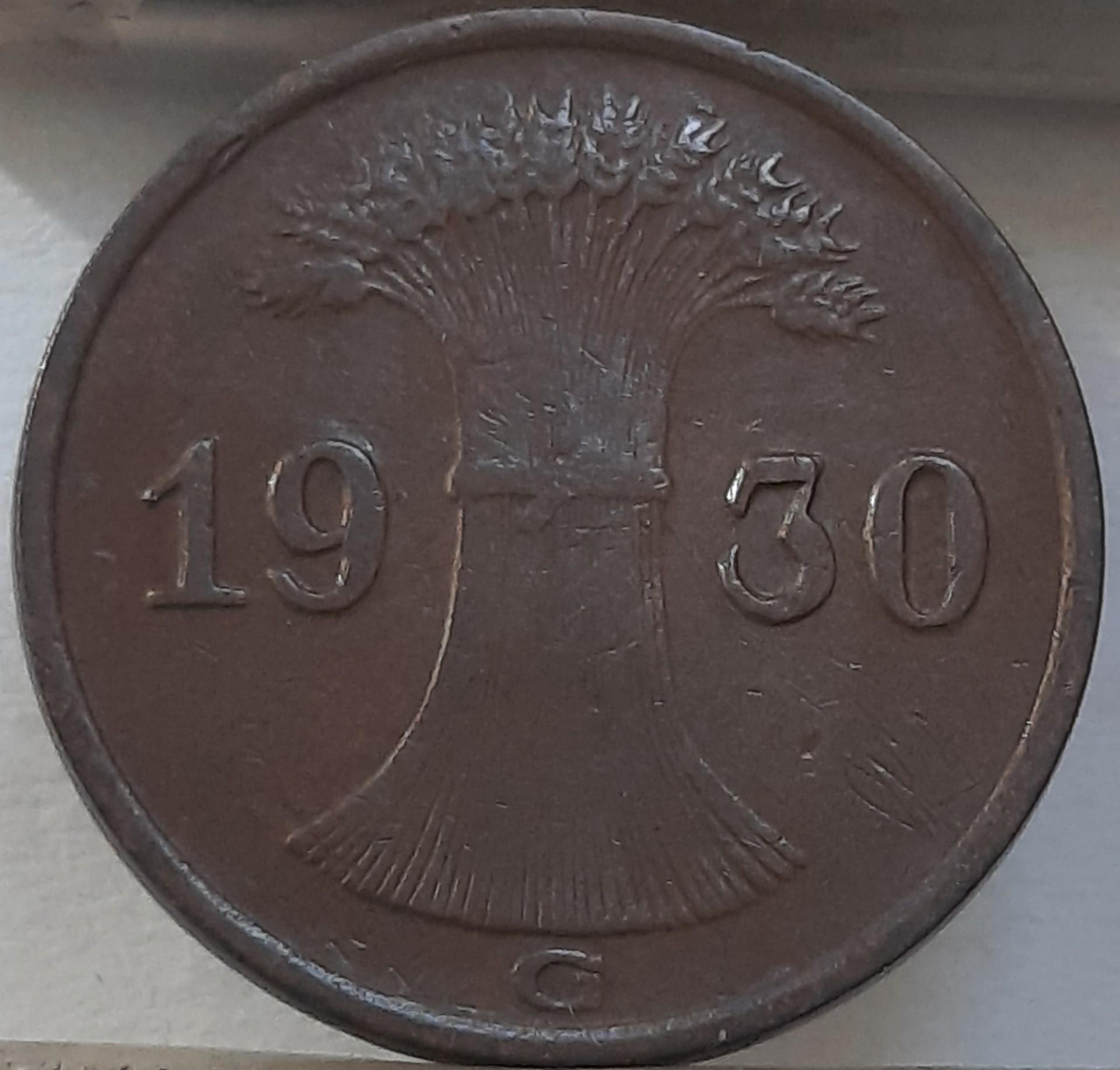 Vokietija 1 Reichspfenigas 1930 G KM#37 (4732)