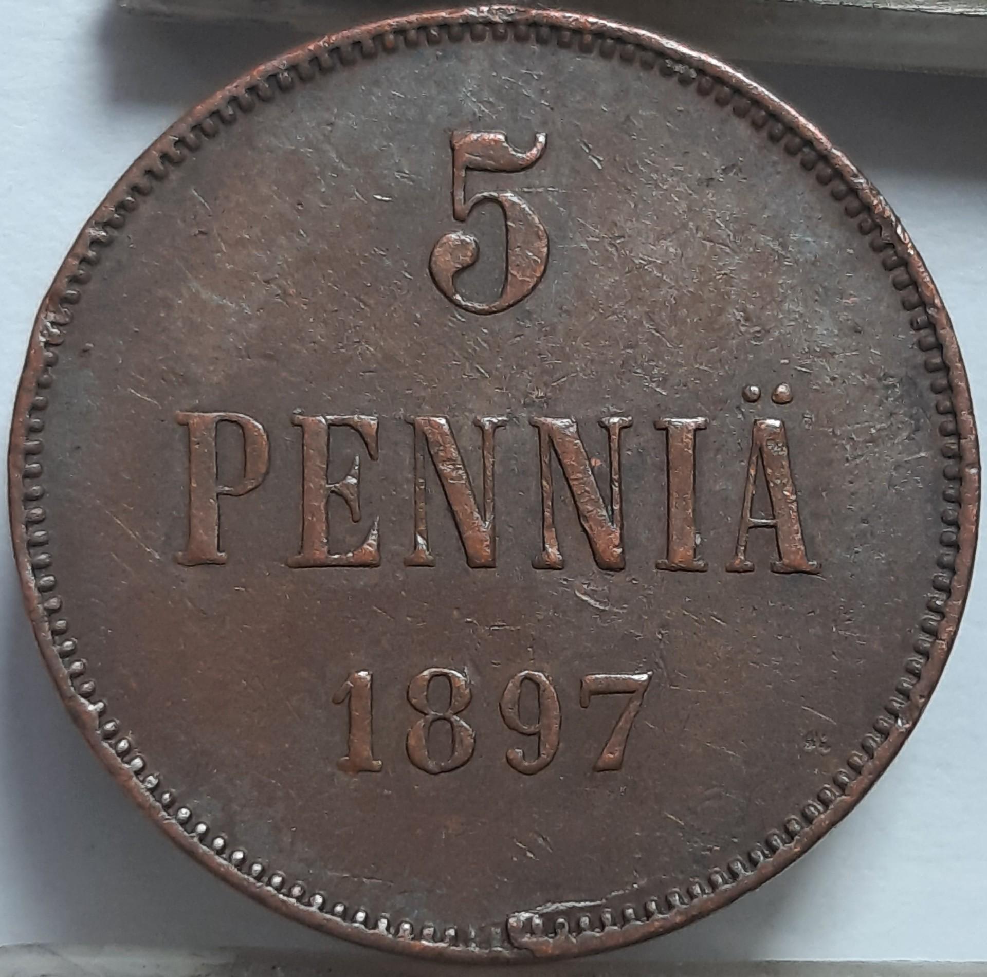 Suomija 5 Pensai 1897 KM#15 Varis (4824)