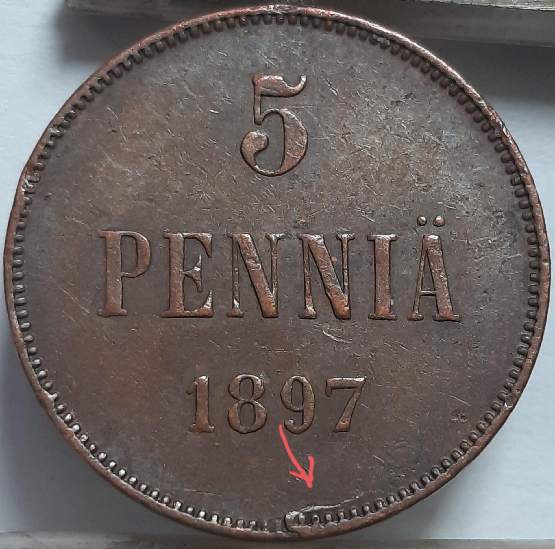 Suomija 5 Pensai 1897 KM#15 Varis (4824)