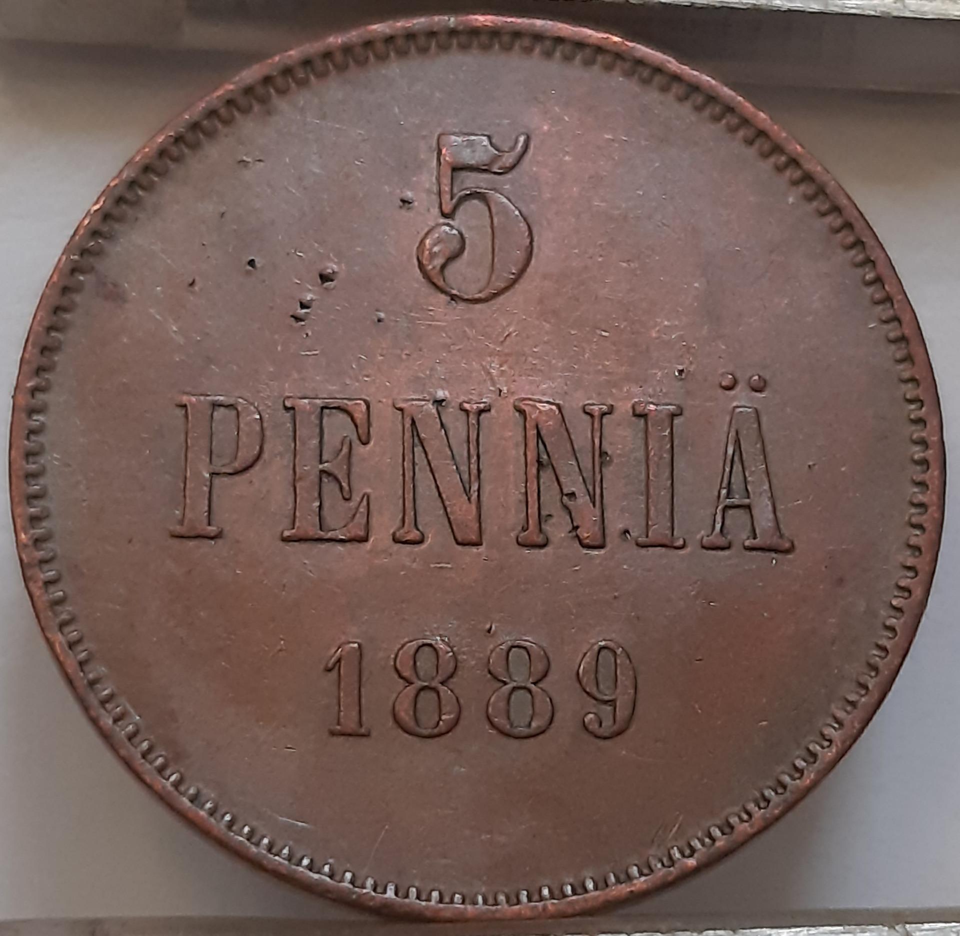 Suomija 5 Pensai 1889 KM#11 Varis (4831) 