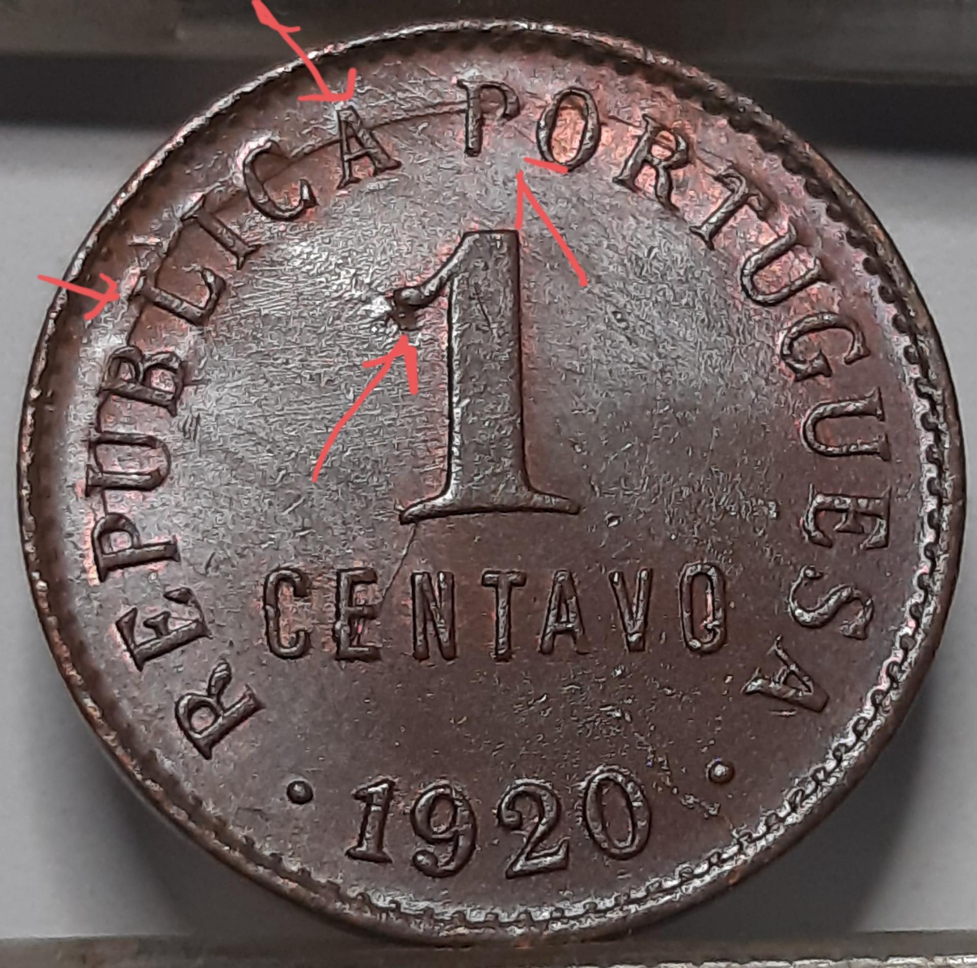 Portugalija 1 sentavas 1920 KM#565 Su broku (4885)